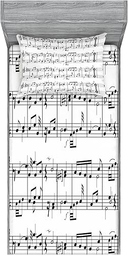 Ambesonne Juego de sábanas bajeras musicales y fundas de almohada, notas musicales sobre la clave, estampado de ilustraciones ornamentales,