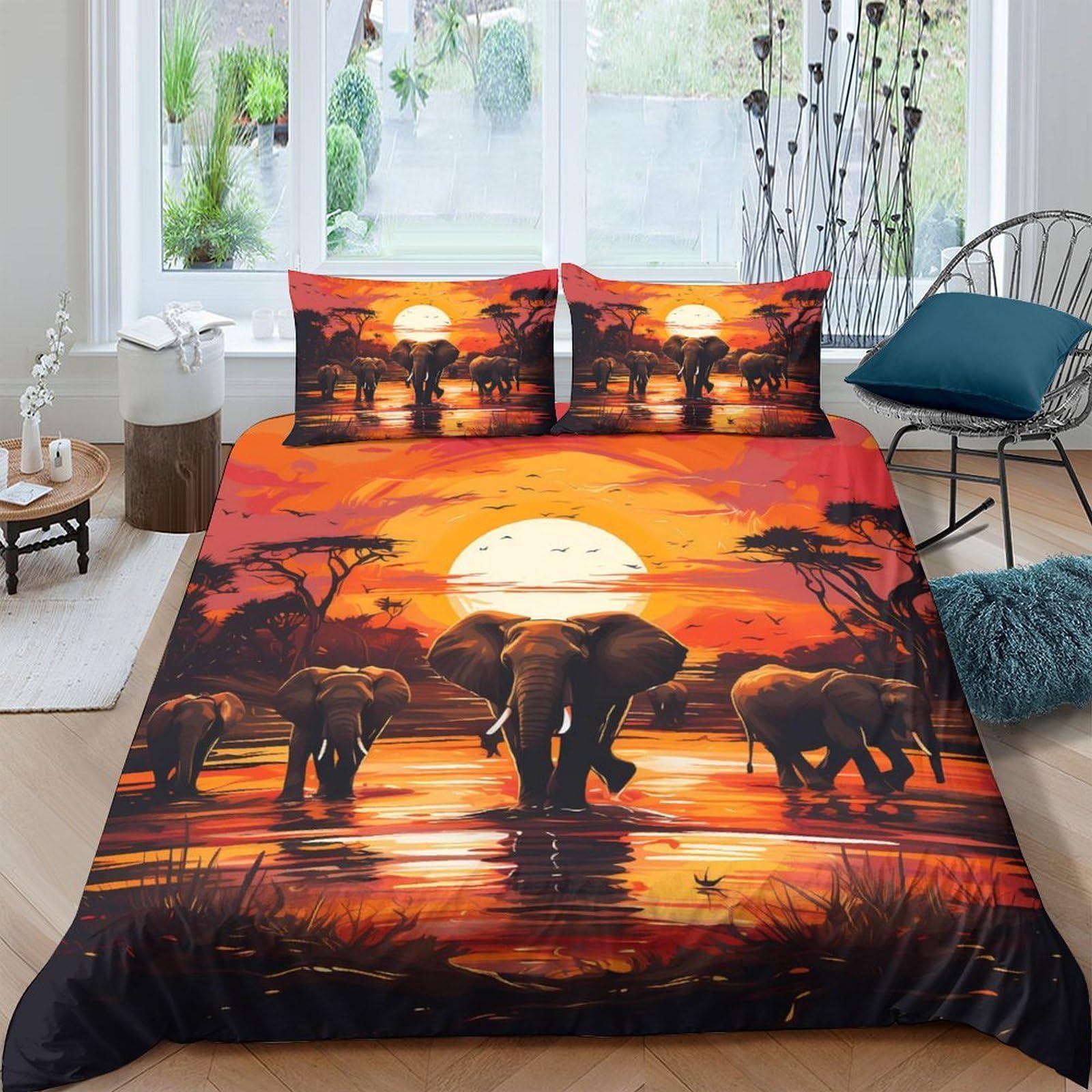 Ctjqhvkz Style-5 3D Printed African Sunset Elephant Fitted Sheet Microfiber Soft Orange Savannah Bed Cover Bedroom Decor Single（135X200cm）