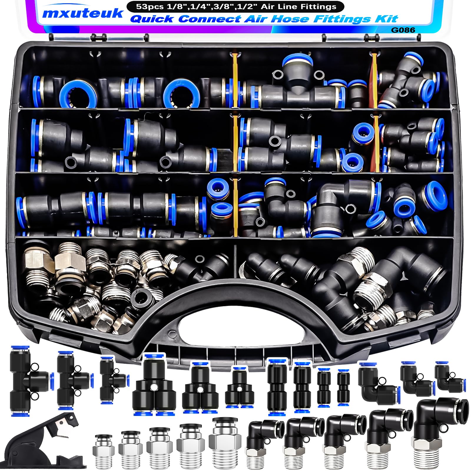 mxuteuk Quick Connect Air Hose Fittings Kit,1/8",1/4",3/8",1/2" Push to Connect Fitting,Air Line Quick Connect Fittings,Quick Release Pneumatic Kit (53PCS)