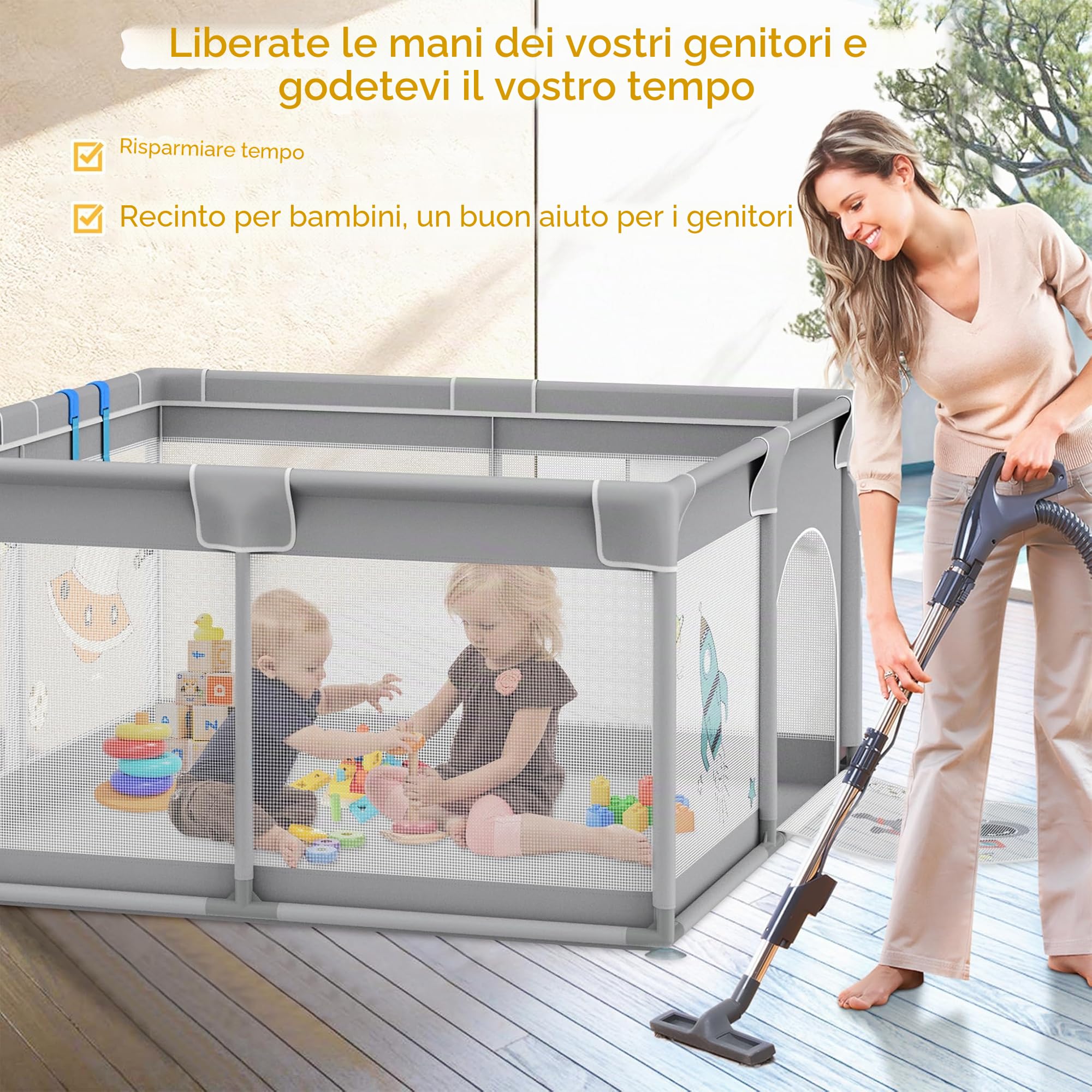 UISEBRT Box per bambini, 180 x 200 cm, con 50 palline oceaniche e 4 anelli e borsa per il trasporto, pieghevole, con rete traspirante, per bambini, grigio con motivi astronauti