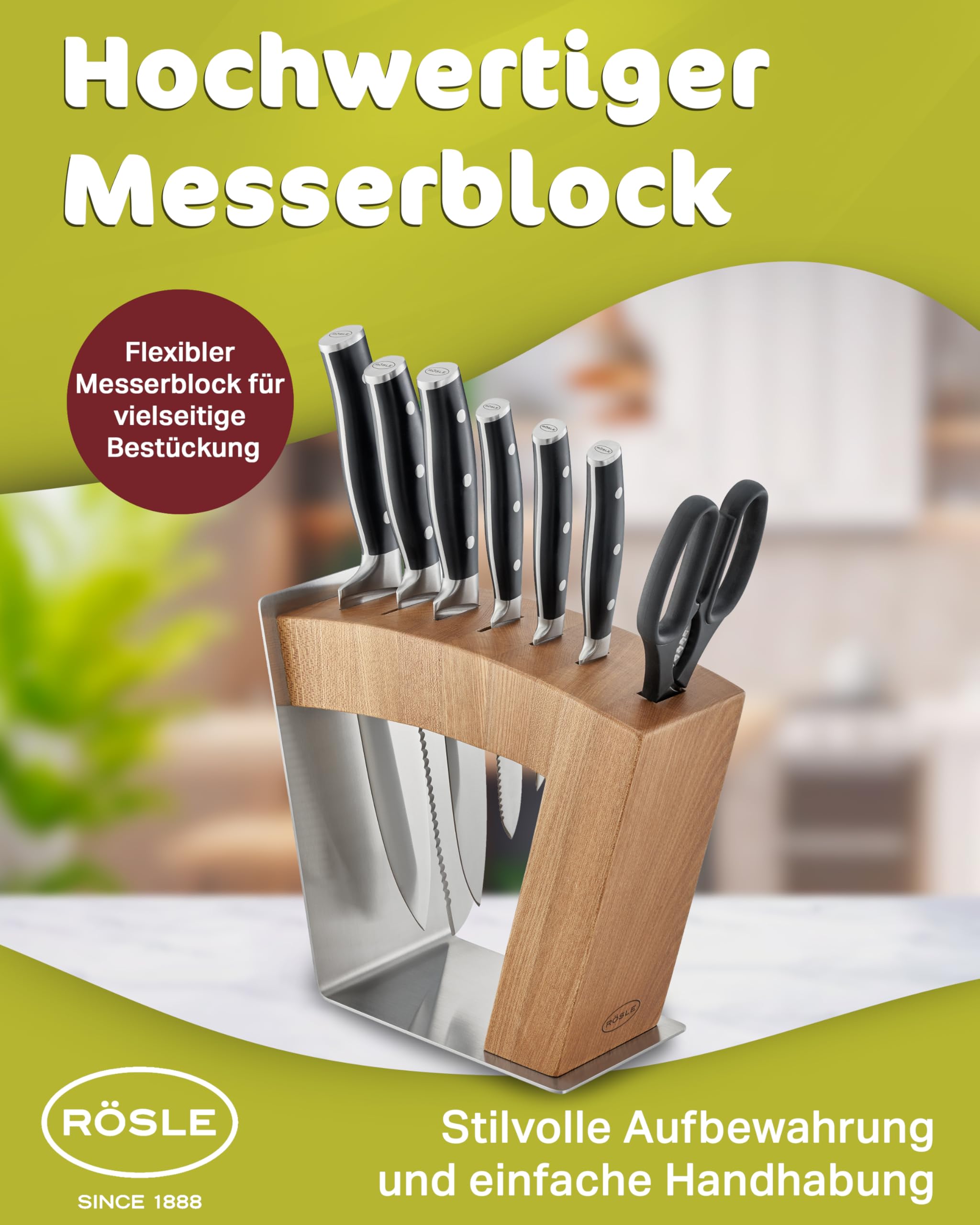 RÖSLE Movex Bloc à Couteaux, Bloc à Couteaux design Haut de Gamme en Acier Inoxydable et Bois d'Orme, Lames Visibles, 2 Positions debout, Stable, Couteaux Non Fournis