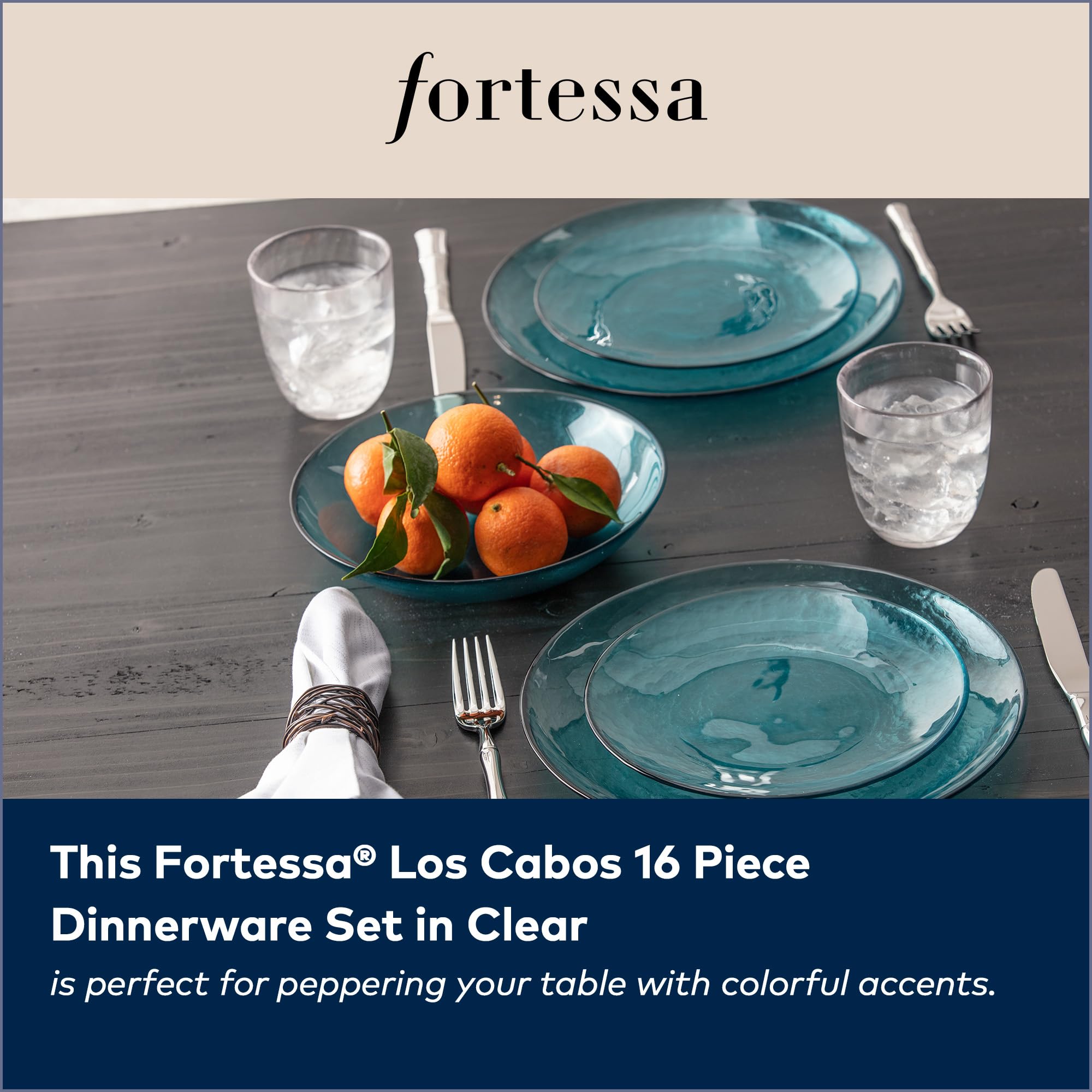 FORTESSA Los Cabos Geschirr 16-teiliges Glasgeschirr Set mit 4 Speisetellern, 4 Salattellern, 4 Coupé-Schalen und 4 Müslischalen, spülmaschinenfestes Glasteller-Set - Klar
