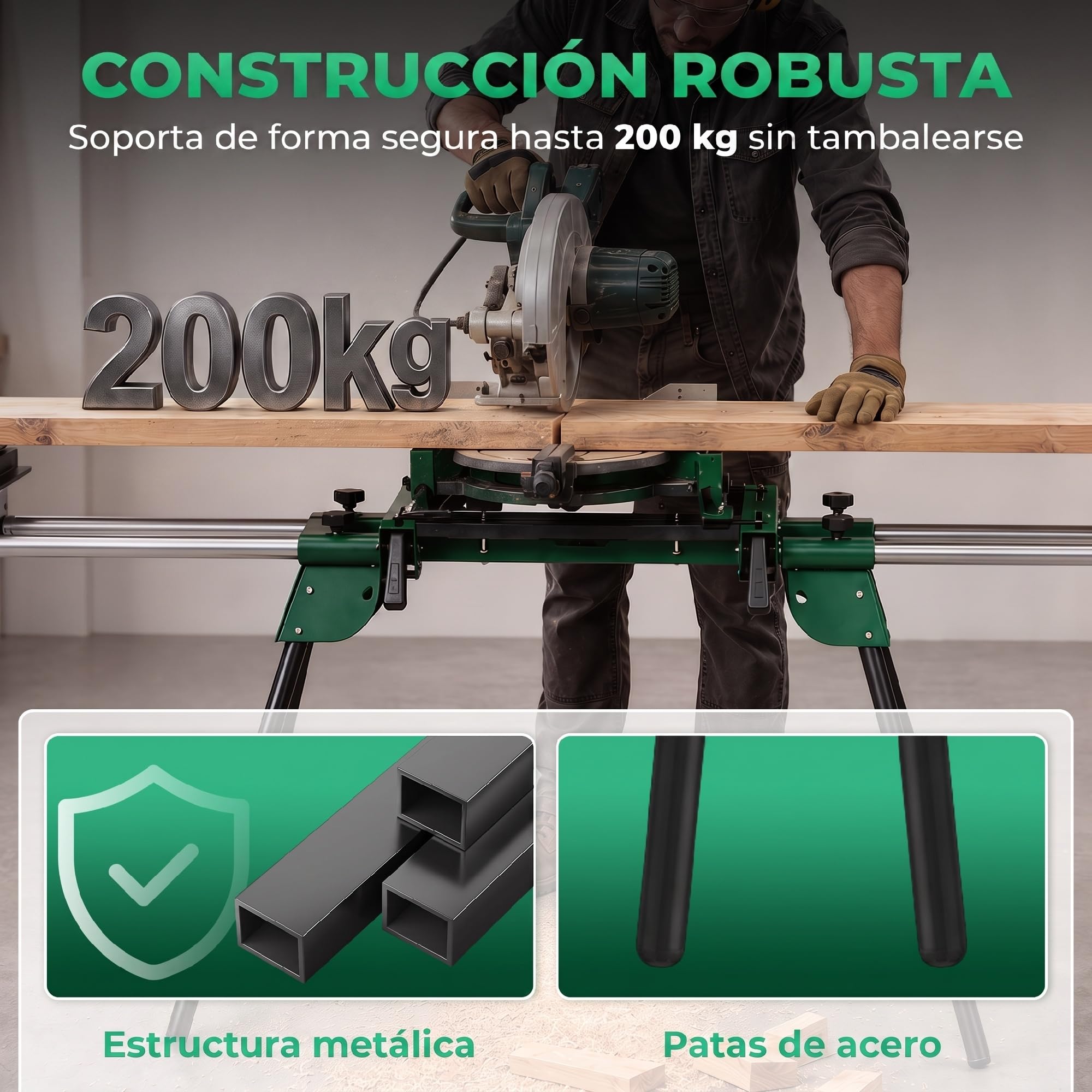 HOMCOM Cavalletti da Lavoro Pieghevoli per Troncatrice, Altezza 81-91 cm e Lunghezza 116-165 cm Regolabili, Rullo di Supporto, Portata 200 kg, Attacco Universale, Verde