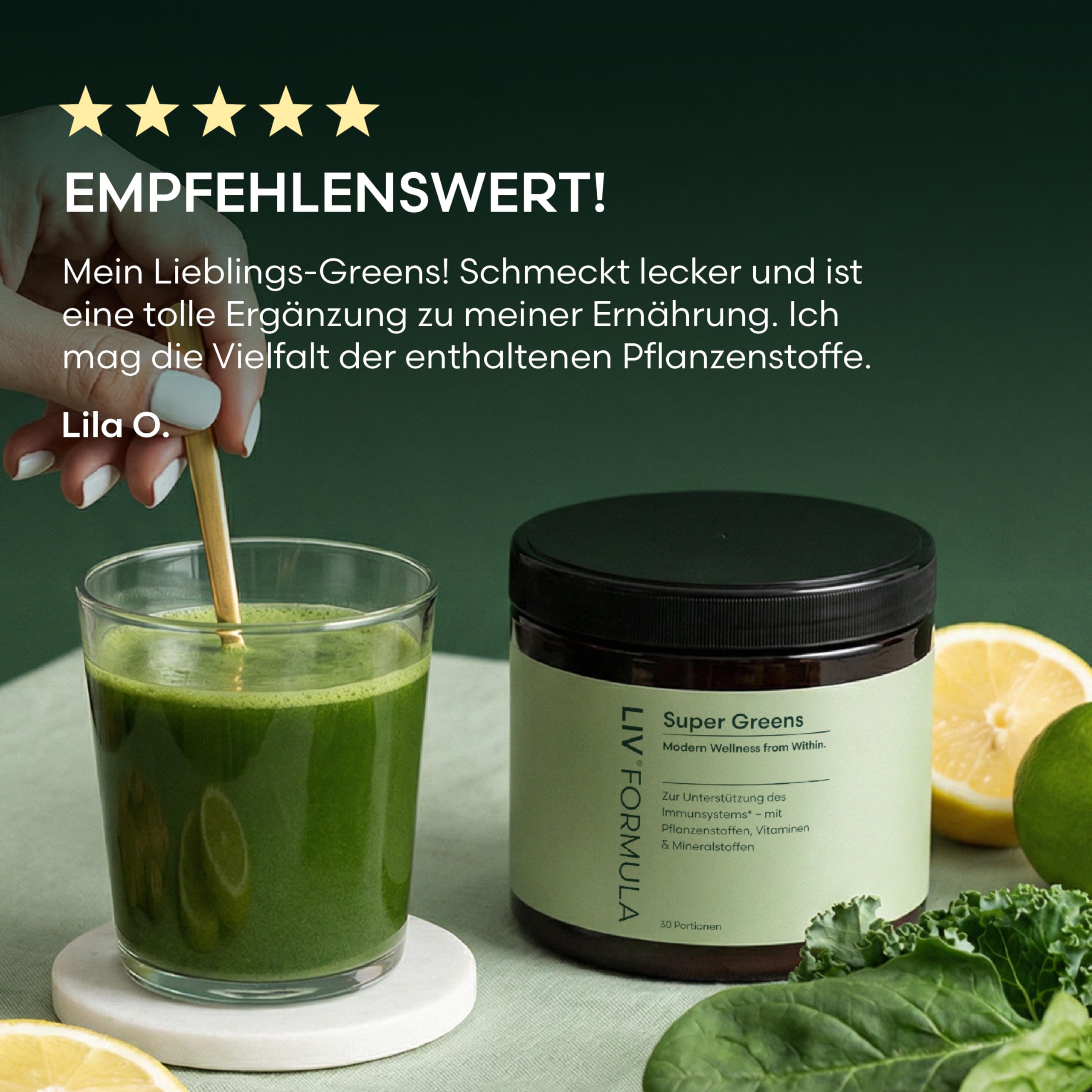 LIV Super Greens Pulver | 30 Pflanzenstoffe | Nährstoff-Basis für deinen Alltag | Ohne Zucker, Süßstoffe oder Apfelsaftpulver | Frisch-minziger Geschmack