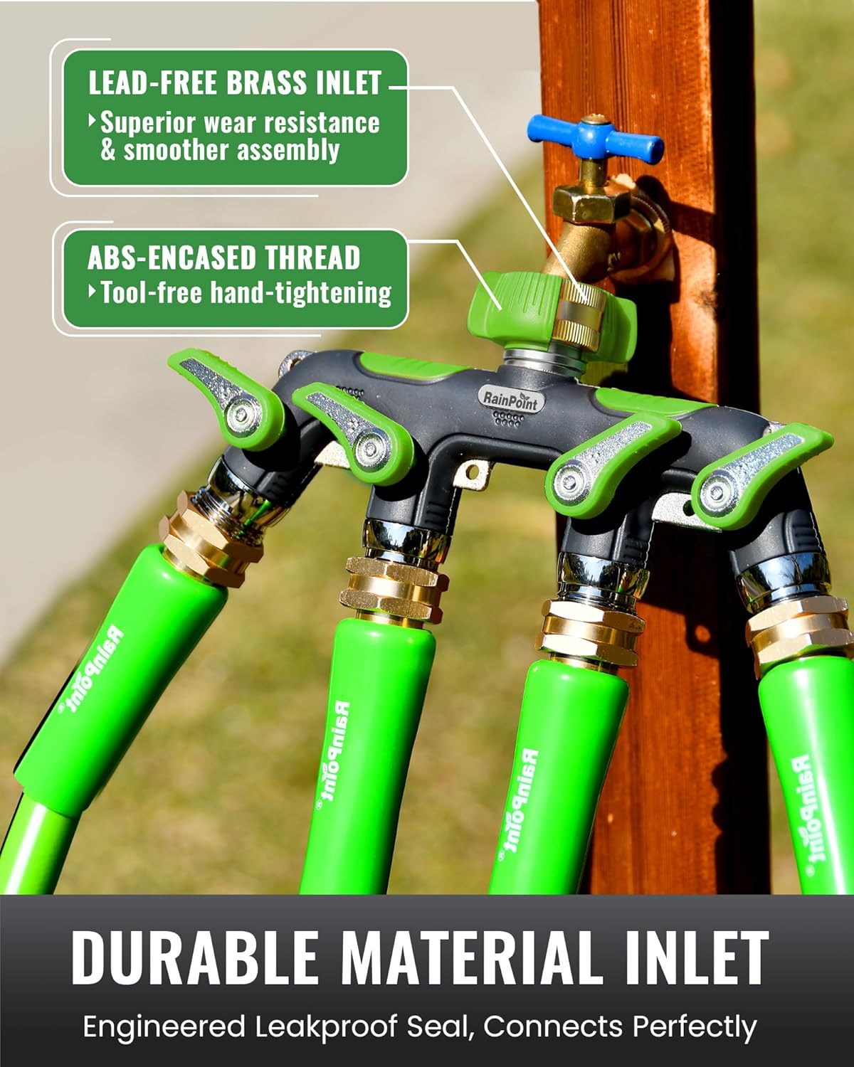 RAINPOINT 4 Way Garden Hose Splitter, 100% Metal Heavy Duty Water Hose Splitter with Individual Shut-Off Valves, 3/4" GHT High Flow Outdoor Faucet Splitter, 1.81" Extra Long Handle (Green)