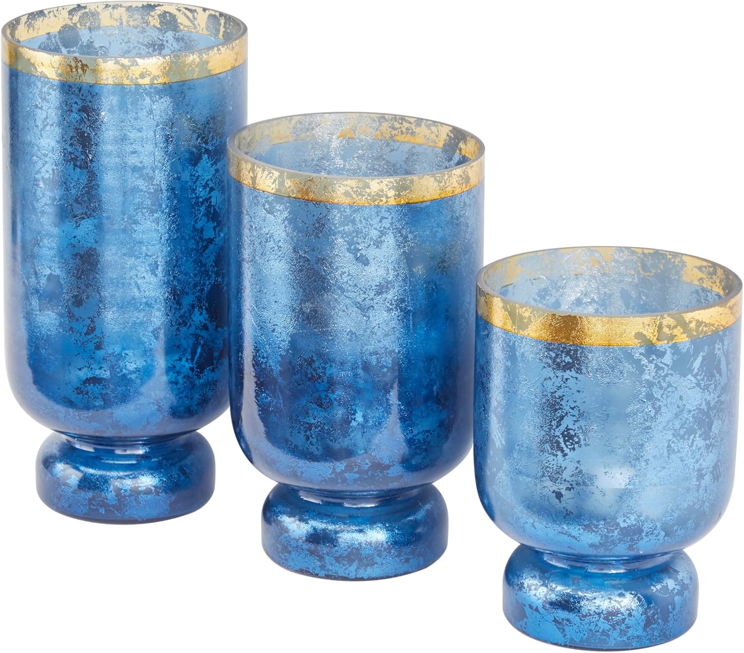 Deco 79 Glass Pillar Hurricane Lamp with Gold Interior, Set of 3 12", 10", 12"H, Blue