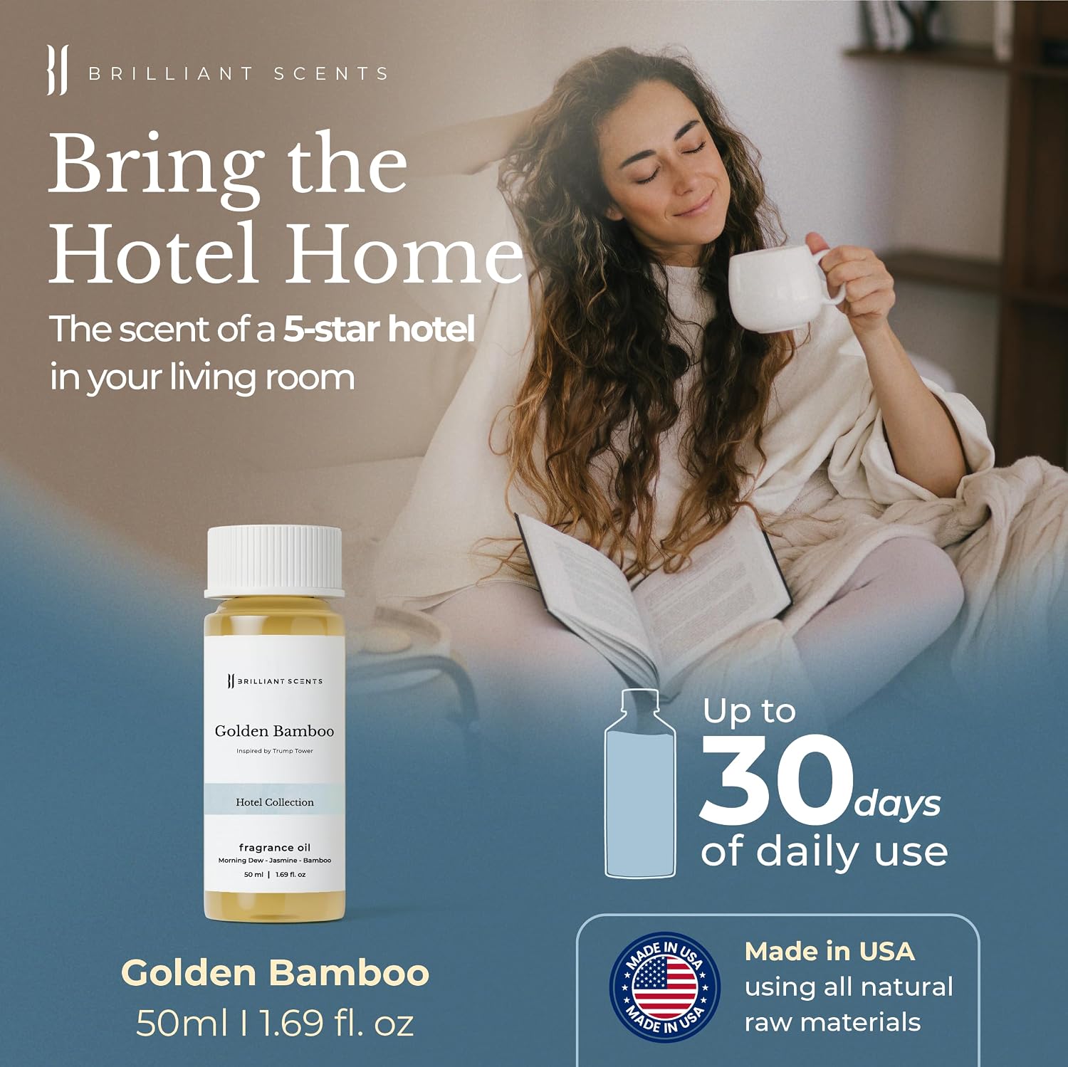 Brilliant Scents Golden Bamboo Fragrance Oil for Diffuser, 50ml - Inspired by Trump Tower Hotel Scent - Premium Home & Hotel Essential Oils for Waterless & Cold Air Diffuser, USA Made