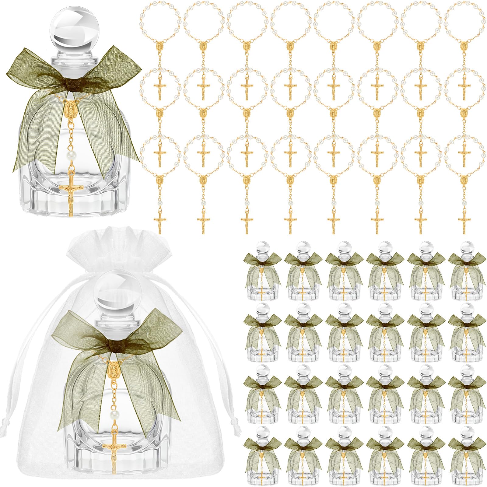 Chuangdi Heilige katholische Wasserflaschen, große Taufgeschenke für Gäste, katholische, christliche Glasflaschen, Goldkreuz-Armband, Organza-Beutel, Band für Kirche, Hochzeit, Taufe, Geschenk
