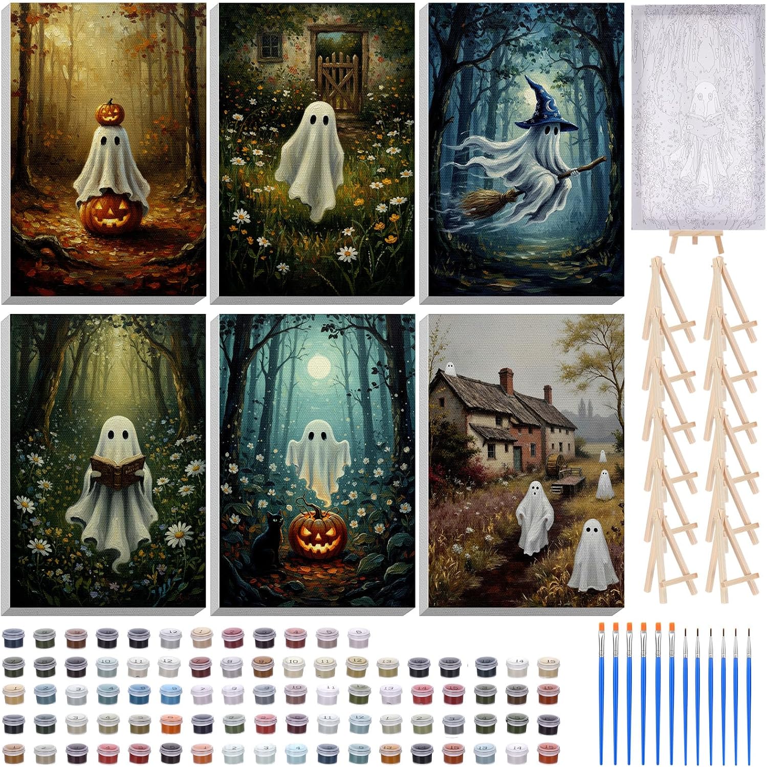 Honoson 6 Pcs Halloween Ghost DIY Paint by Number Kits for Adults