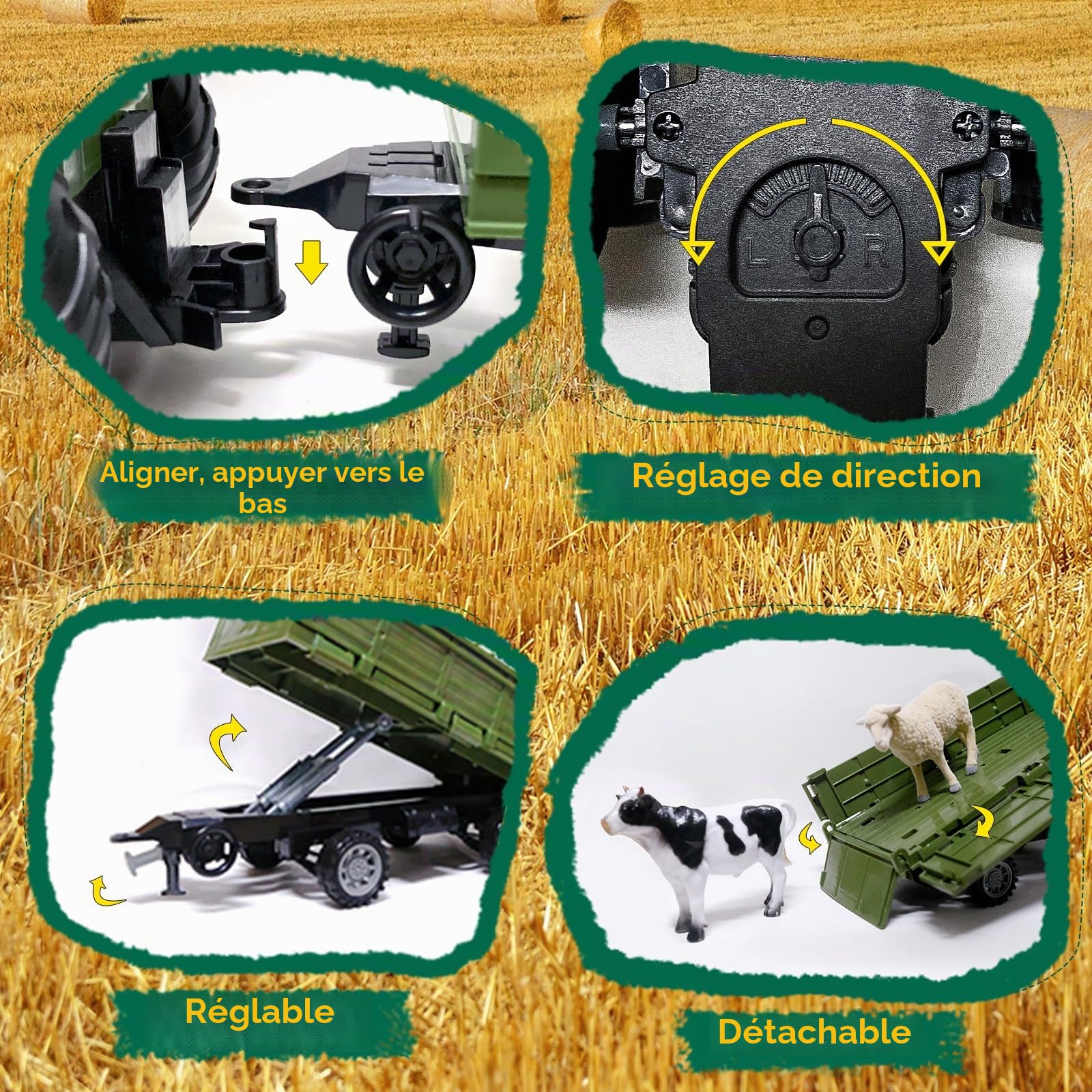 Tracteur télécommandé RC avec remorque, jouet de ferme avec animaux et figurines, commande 2.4GHz et 2 batteries , tracteur jouet pour enfants dès 3 ans, cadeau amusant pour les fêtes ou anniversaire