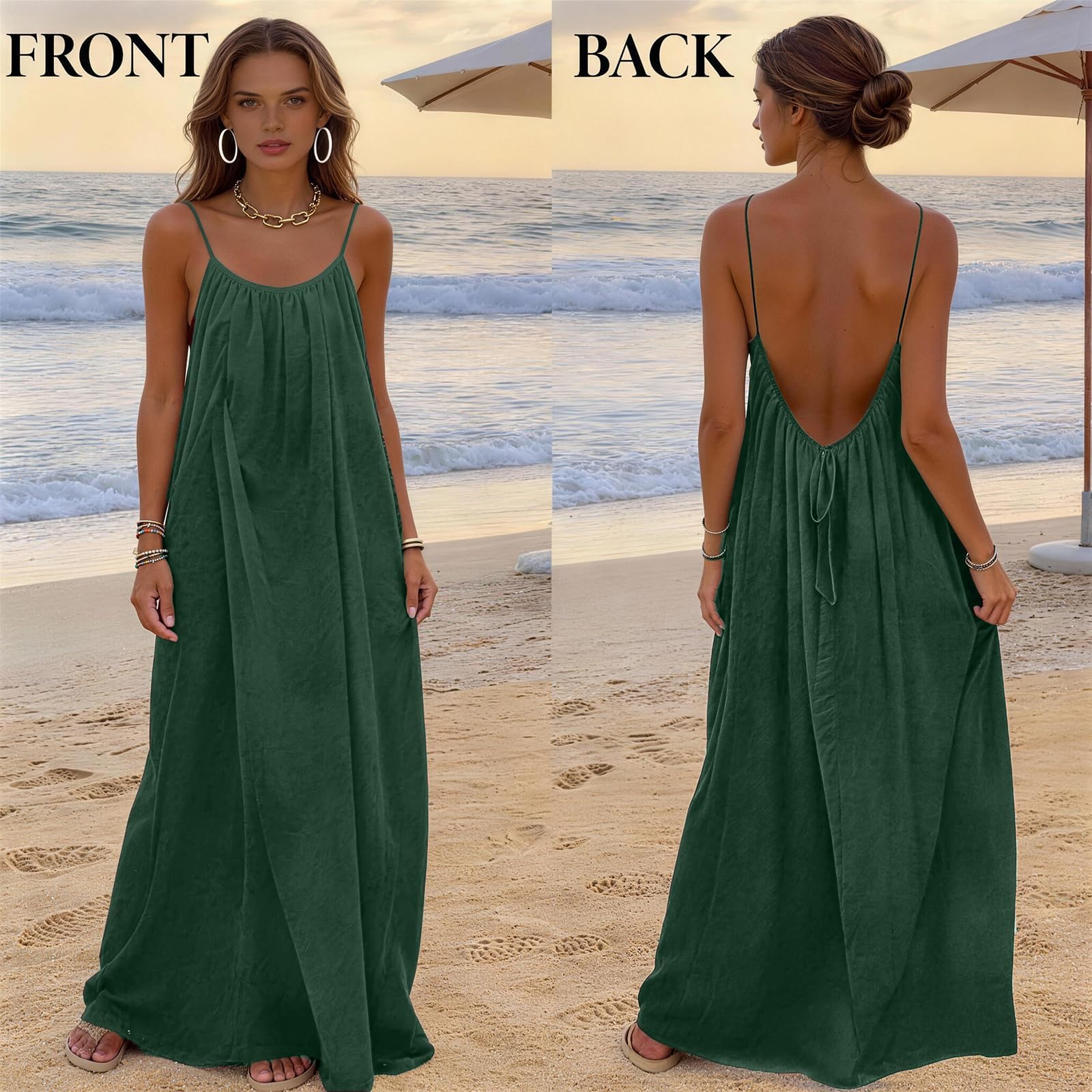 nnOuOnn Vestido camisola sin espalda para mujer, verano 2026, sin mangas, largo, casual, vestido de verano para mujer, vestido de descanso con espalda abierta, para vacaciones, playa, casa, color