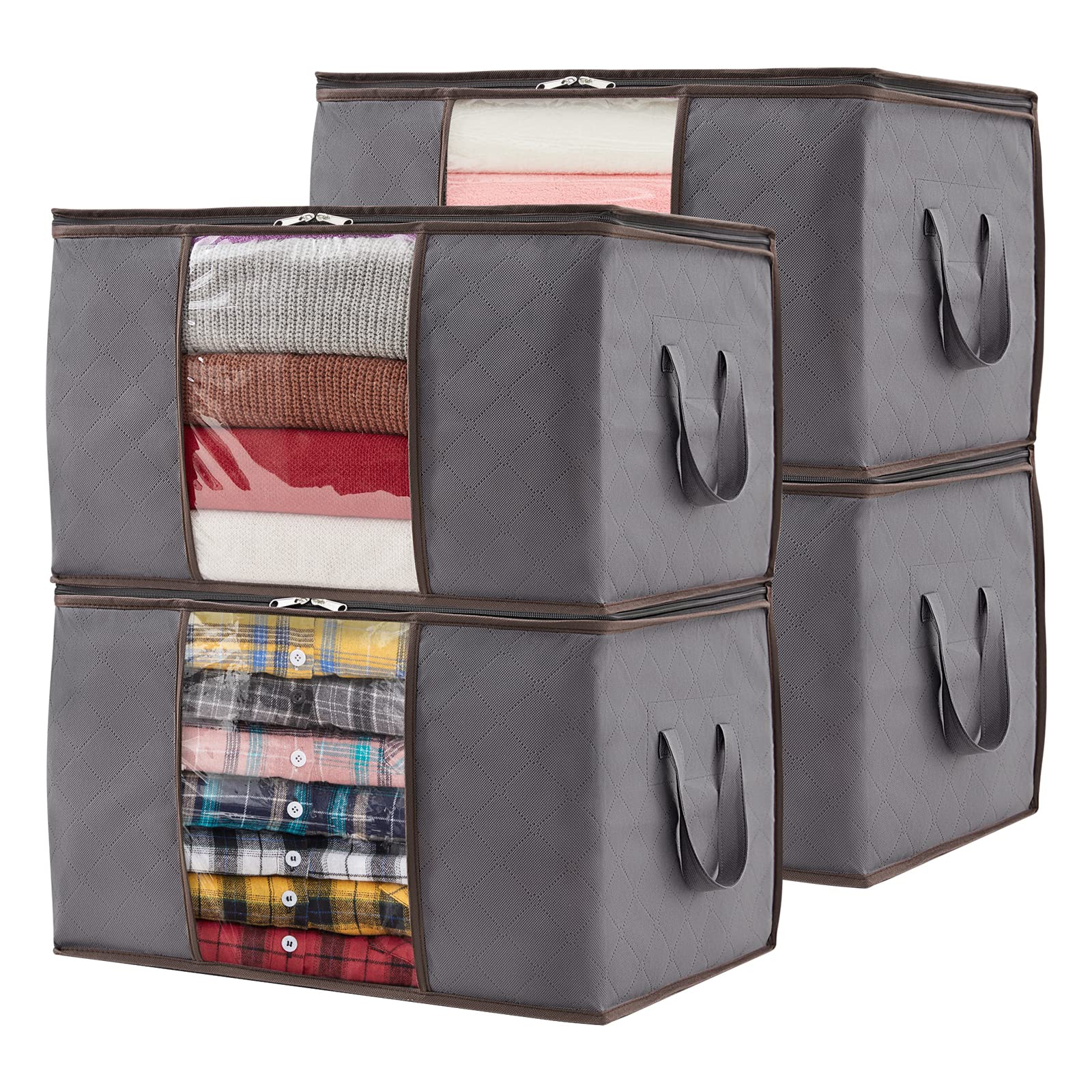 Lifewit 4 Pack Clothes Storage, Foldable Storage and Organization, Storage Bins with Lids, Blanket Storage with Clear Window, Closet Storage with Reinforced Handles for Clothing, Bedding, Gray