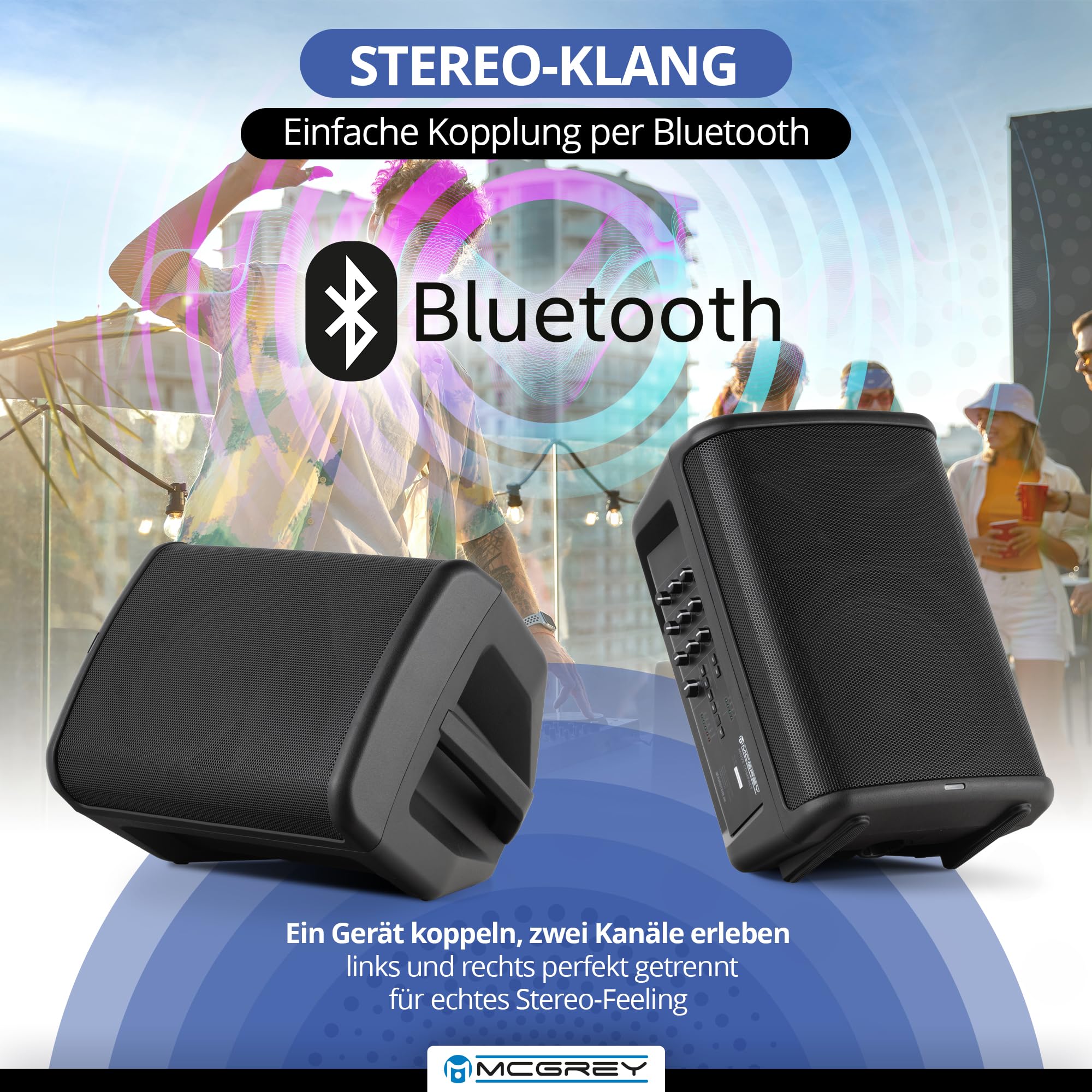 McGrey Move Compact Akku PA Lautsprecher - Mobile 8 Zoll Aktivbox mit Bluetooth und TWS, kraftvoller Sound für Events, Party und Präsentation, bis 8 Stunden Laufzeit - Schwarz