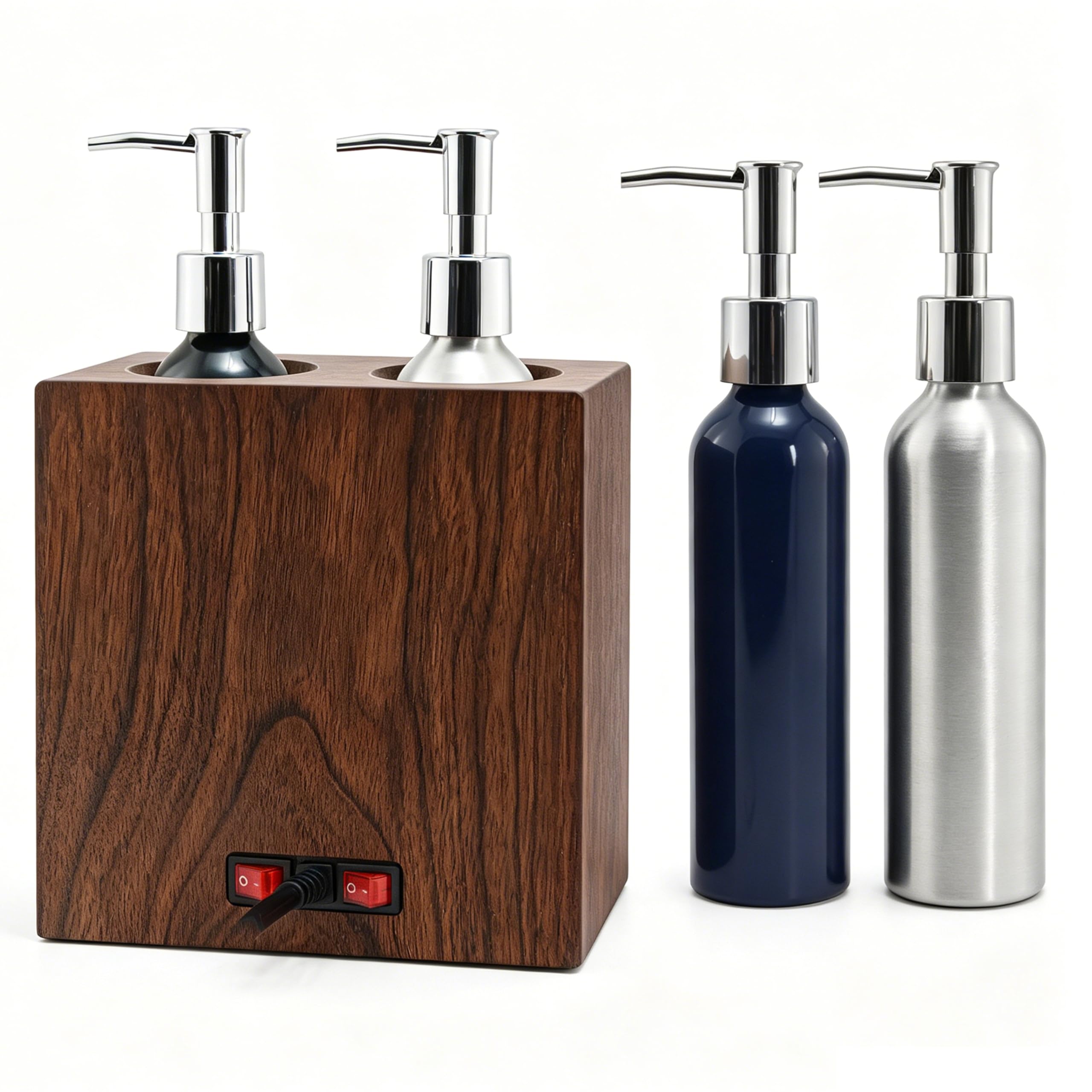 Elitzia Walnussholz Massageölwärmer Doppelflaschen-Heizungssteuerung 4 Pumpflaschen Lotion-Wärmer-Spender Beheizt 122-140°F Salon Spa ETAW04