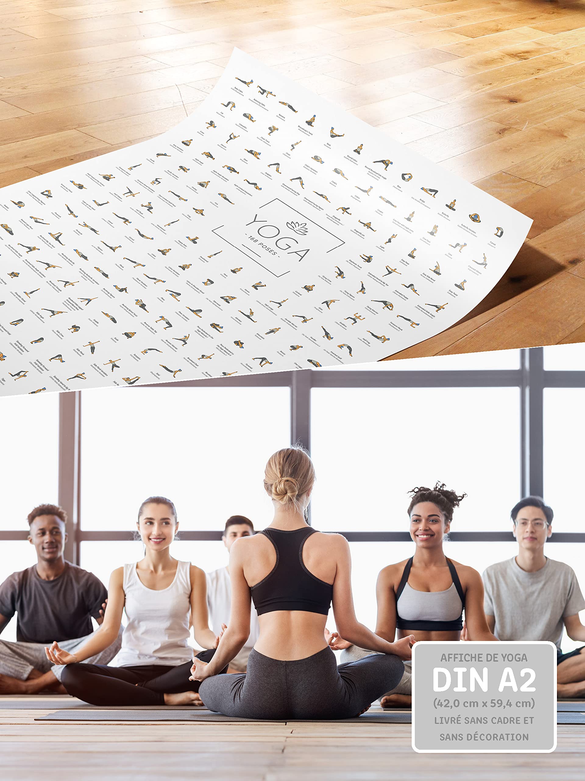 JUNOMI® Poster de Yoga DIN A2 avec 168 postures et asanas, accessoires de yoga pour studios et exercices à domicile, idée cadeau parfaite pour le yoga | sans cadre