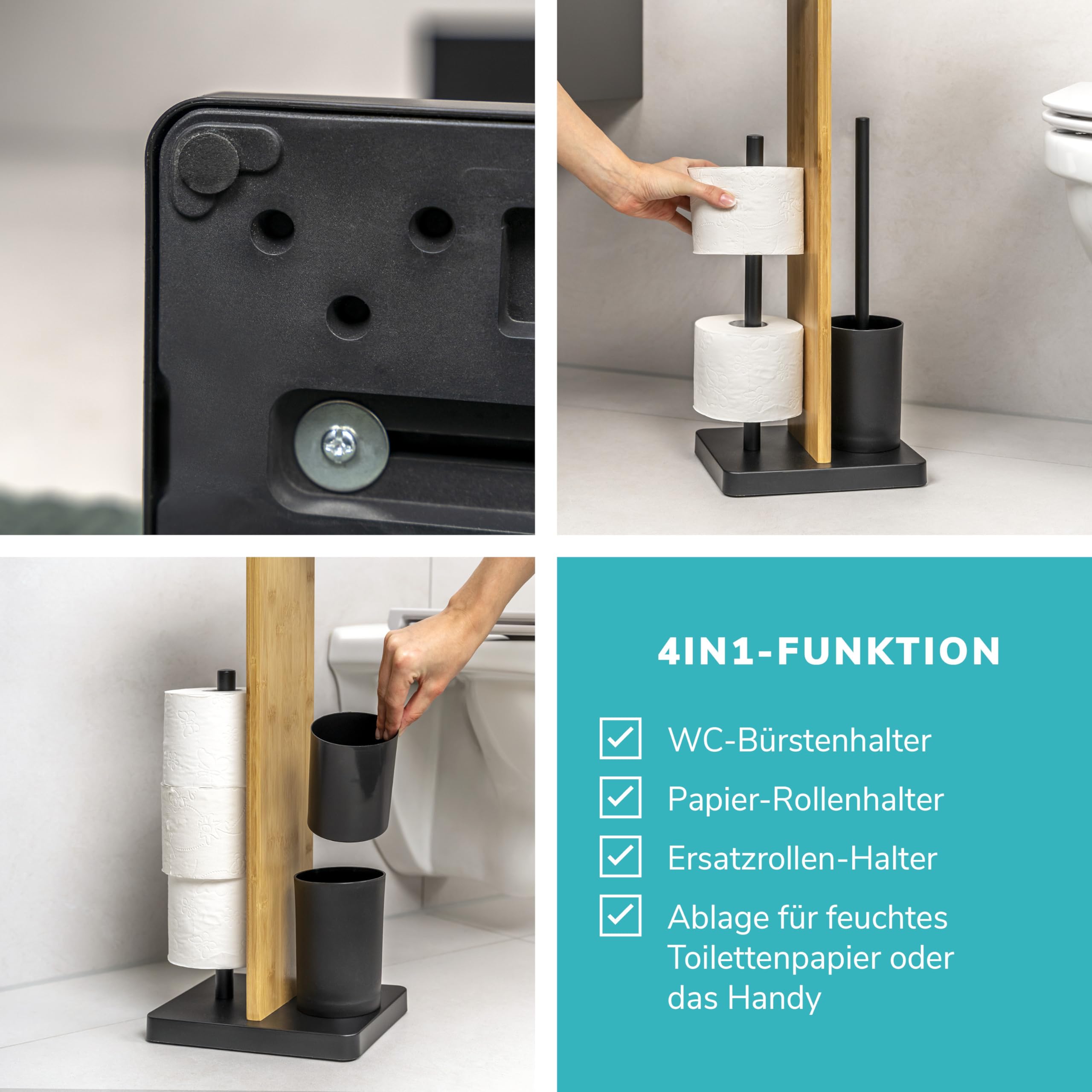 eluno Set per WC a pavimento 4 in 1, scopino per WC, porta rotolo, ripiano, bambù/metallo (nero)
