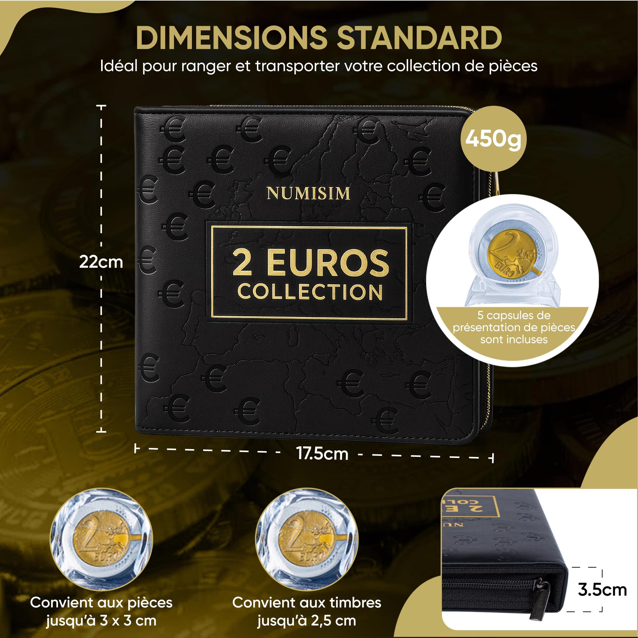 Classeur pièce 2 euros – classeur numismatique 480 pochettes en cuir résistant – album collection pièces de monnaie, rangement et protection pour collectionneurs