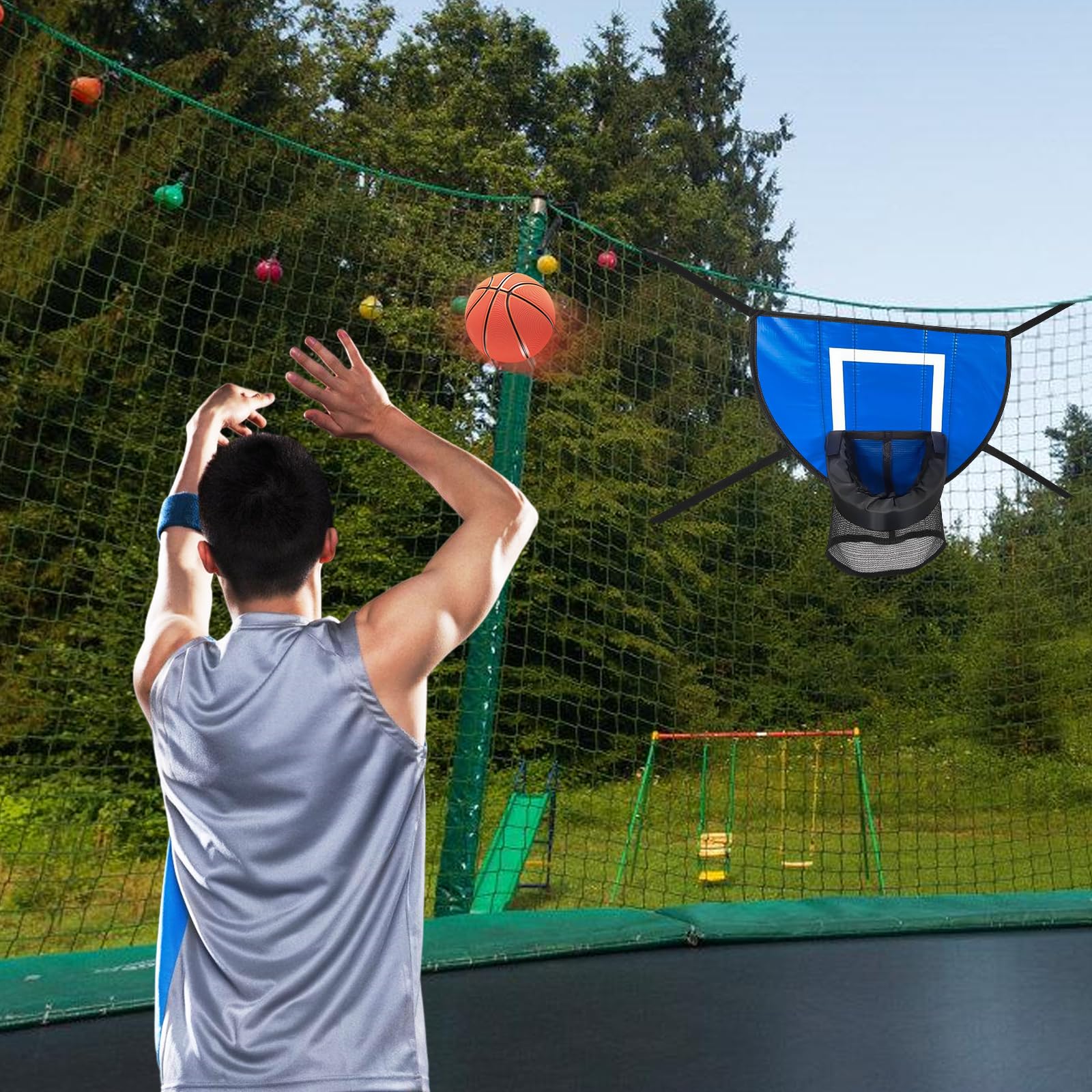 Kosz do koszykówki z pompką do piłki, nasadką do trampoliny, nakładką do koszykówki, mini koszem do koszykówki z 4 mini piłkami do koszykówki i 1 pompką, do użytku wewnątrz i na zewnątrz