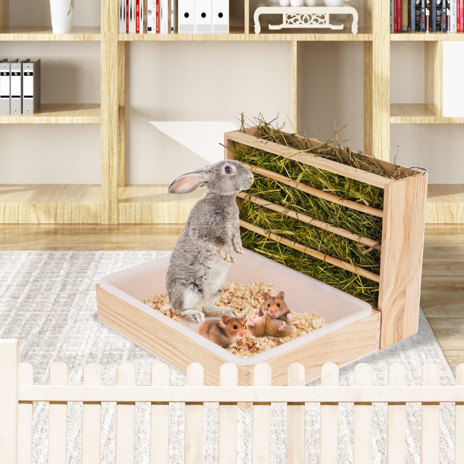 Râtelier à foin 2 en 1 en bois pour hamster avec distributeur automatique et bac à litière