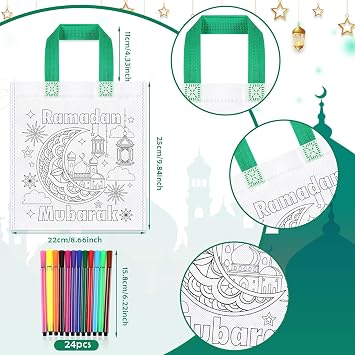 HOWAF 12pcs Ramadan Coloring Goodie Bags with Paint Pens for Kids, Eid Ramadan Mubarak Coloring Candy Bags Ramadan Kareem Coloring Gift Bags, Ramadan Kareem Reusable Canvas Bag Party Favors Coloring