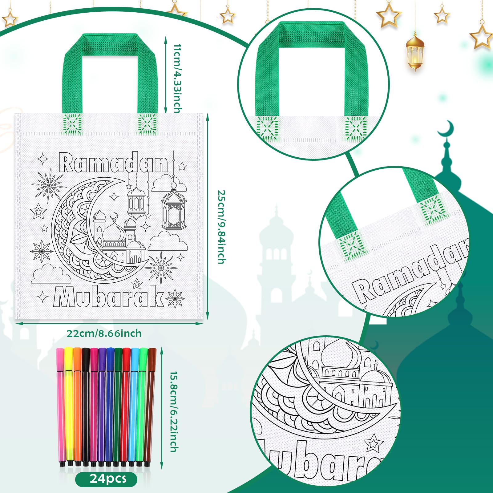 HOWAF 12 Colour Your Own Ramadan Bags, DIY Graffiti Ramadan Gift Bags, Non-Woven Ramadan Mubarak Gift Bags - Image 2