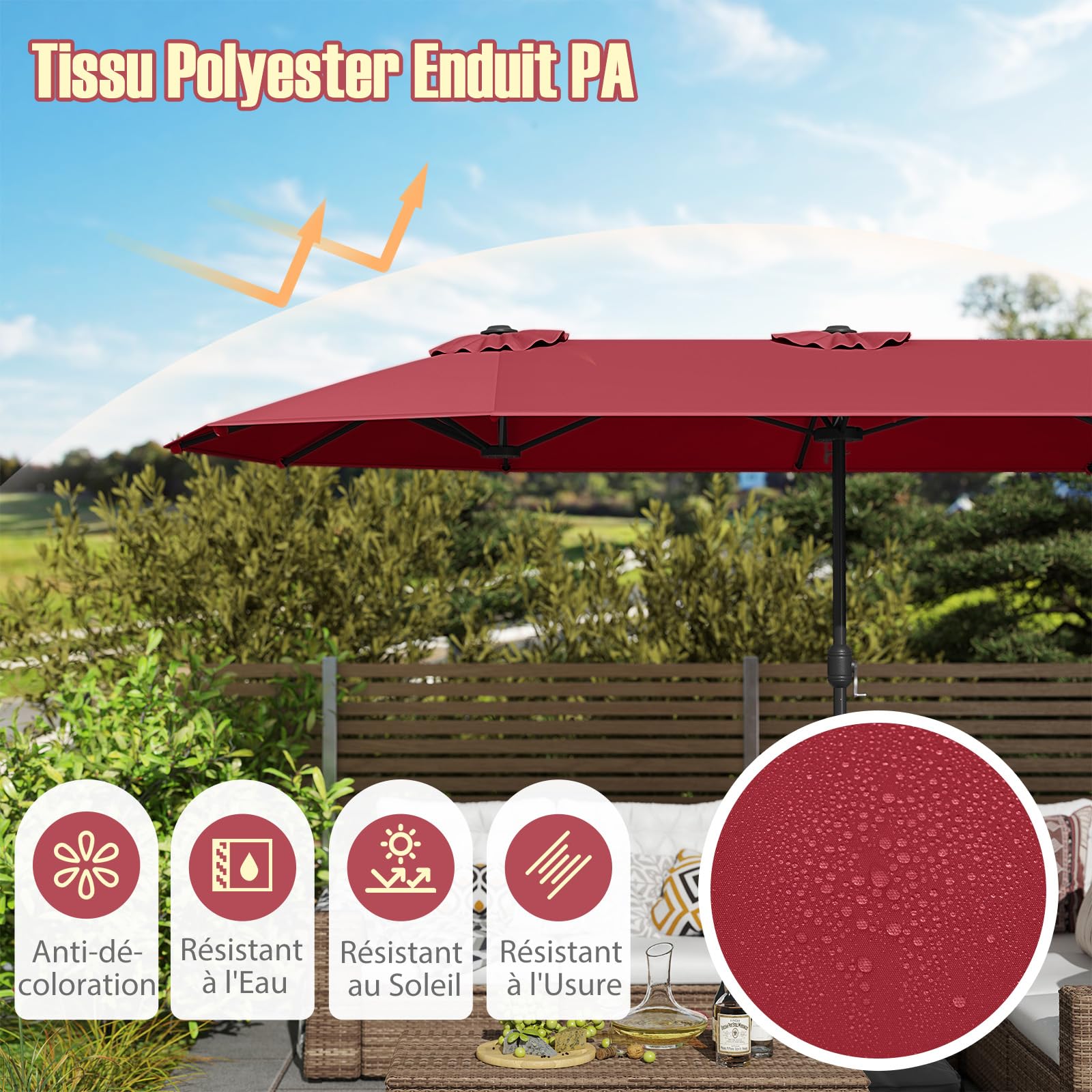 RELAX4LIFE Grand Parasol de Jardin Extérieur avec Pied | Parasol Double Terrasse à 12 Baleines | Manivelle | Polyester Résistant | Verrou de Sécurité | Protection UV pour Piscine Patio Marché,Bordeaux