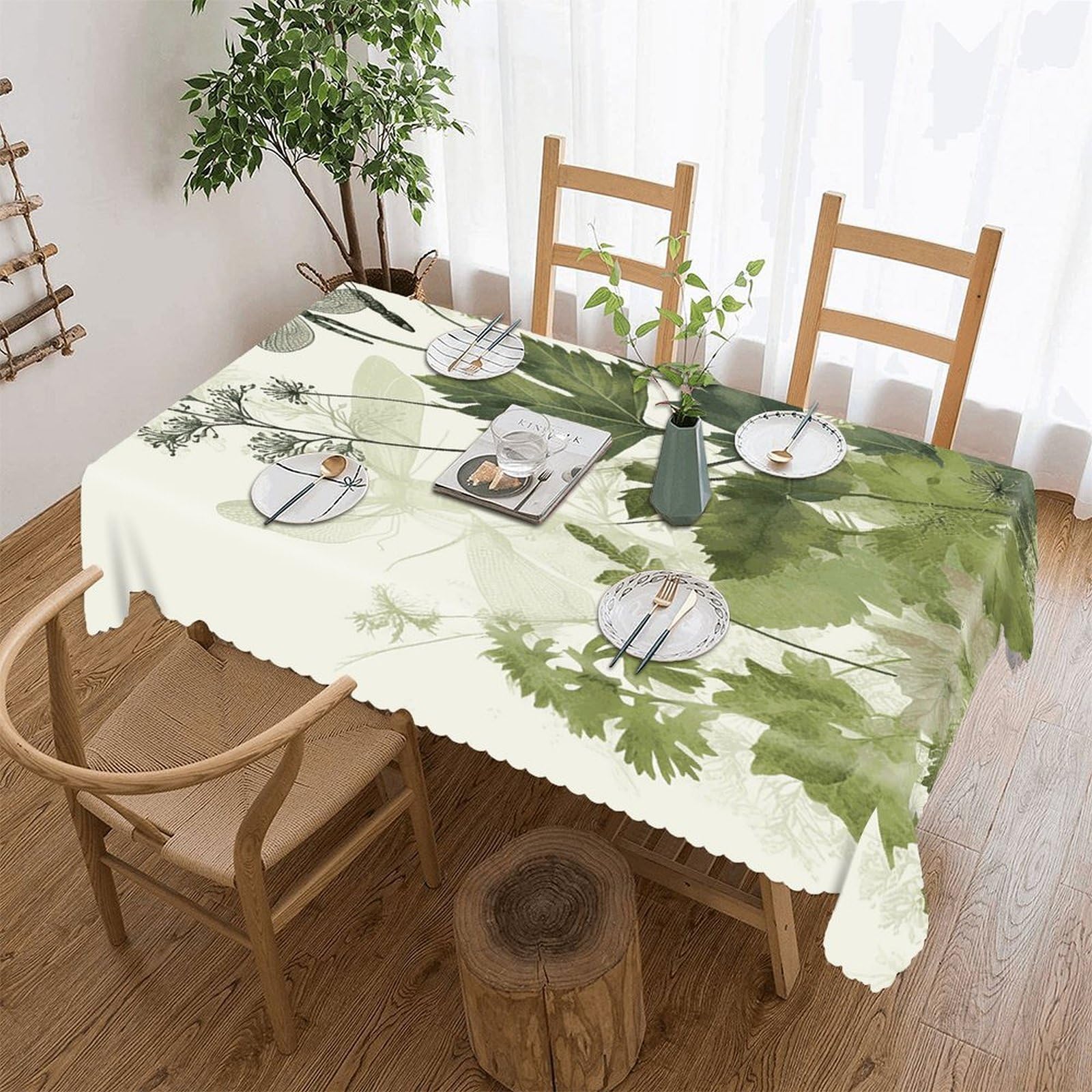 Fekiloot Style Foliage And Herbs With Dragonflies Winged Tablecloths Heavy Duty Washable Fabric,Birthday Tablecloth-Wavy Edge Design,Polyester Table Cloth For Restaurant,Picnic,Indoor And Outdoor Dining60"X120"