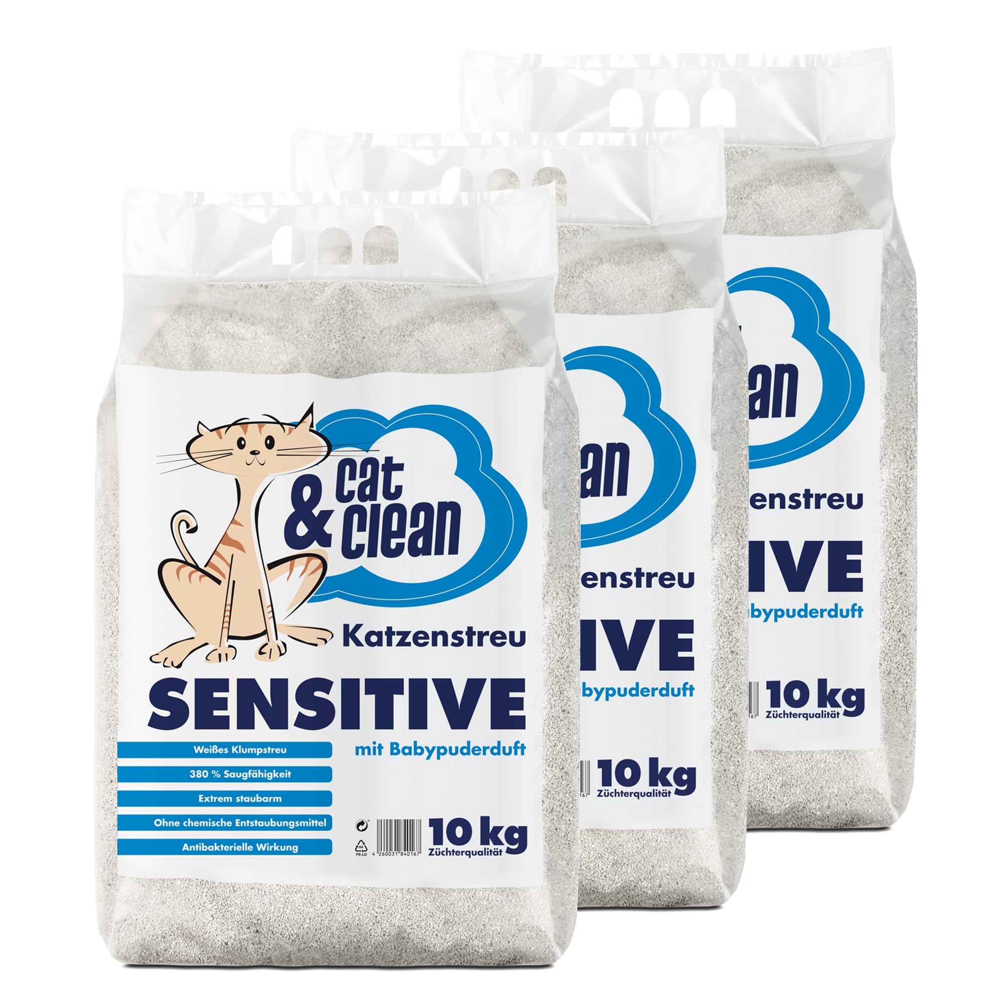 Cat & Clean Katzenstreu Der Extraklasse Klumpendes Einstreu Extrem Saugfähig Naturprodukt Aus Bentonit (Sensitive Babypuder, 30)