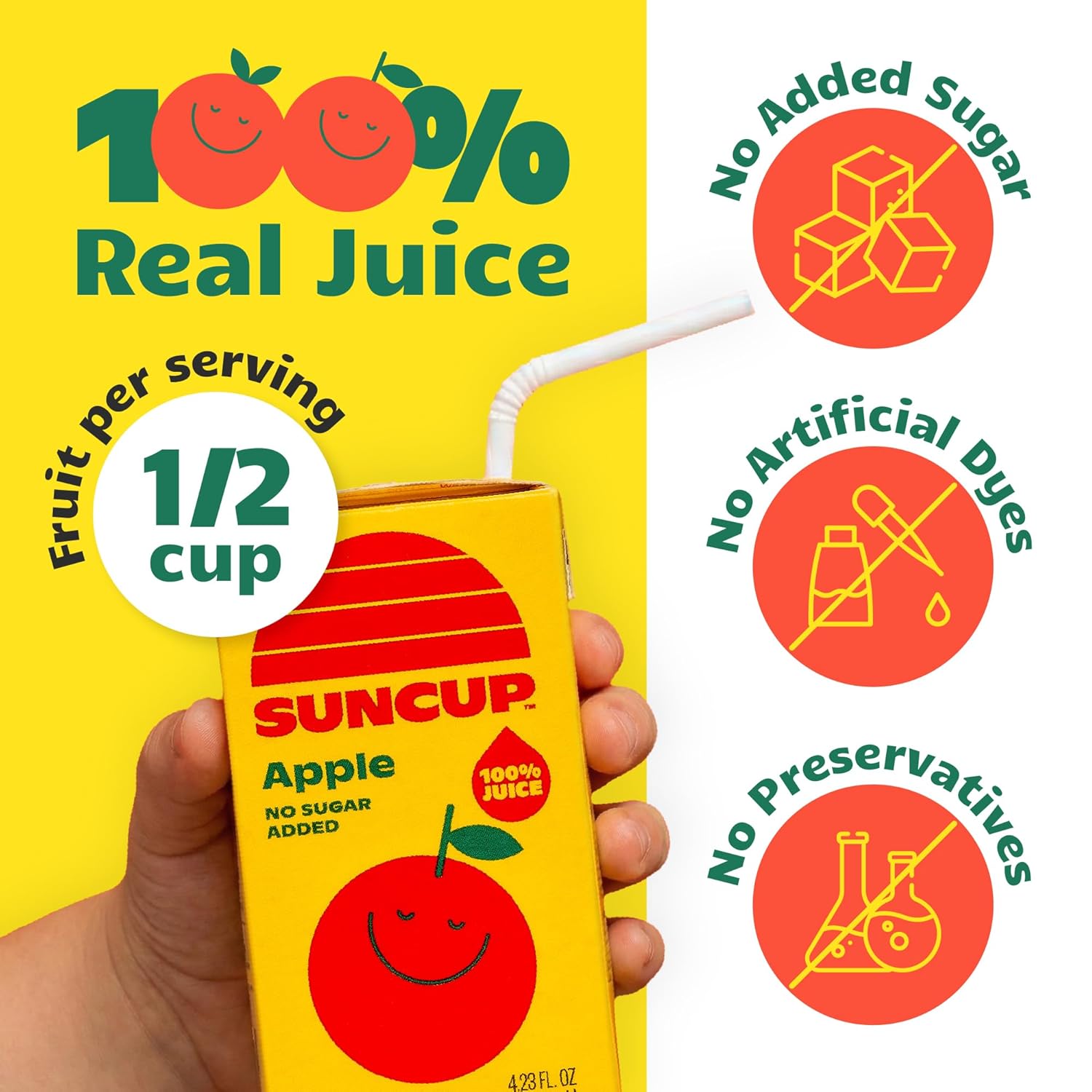 SunCup 100% Juice Boxes for Kids | No Added Sugar, No Dyes, No Preservatives | Trusted in Schools Across 49 States | SNAP EBT Eligible | Bulk Pack with Straw | 4.23 oz (40 Pack), Apple