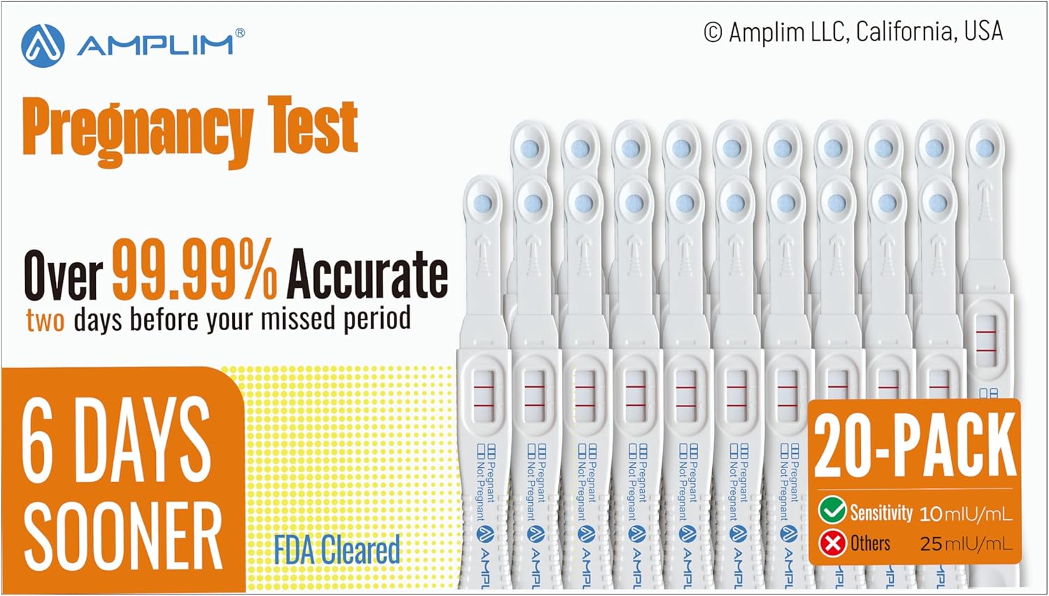 Amplim Early Detection Pregnancy Test Sticks 20 Pack for Women, 99.99% Accurate, Sensitive Midstream Home Urine Test Kit, 2-Sec Reliable Results 6 Days Sooner, 10 MIU/mL HCG