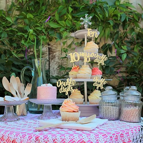 Miniatura 8 de Gyufise 24 piezas de adornos dorados para cupcakes de 10.º cumpleaños con purpurina dorada de doble dígito Hello 10 Ten Cupcake Picks para fiesta