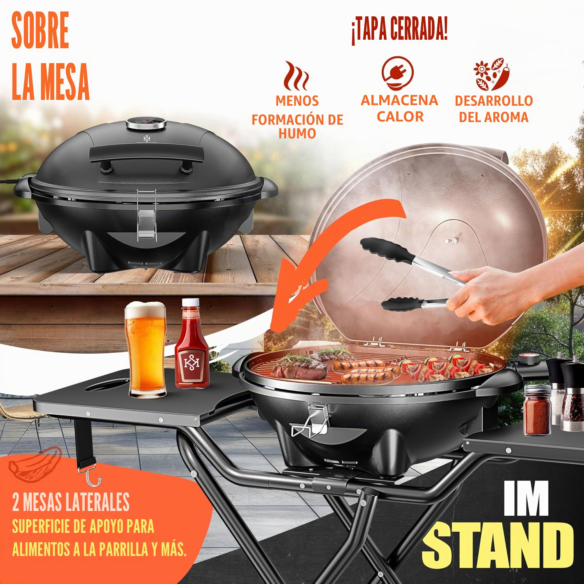 KESSER® Barbacoa eléctrica 2 en 1 – Parrilla eléctrica de pie con tapa y soporte, máx. 2400 W, plegable, termómetro, revestimiento antiadherente, 2 ruedas, color negro