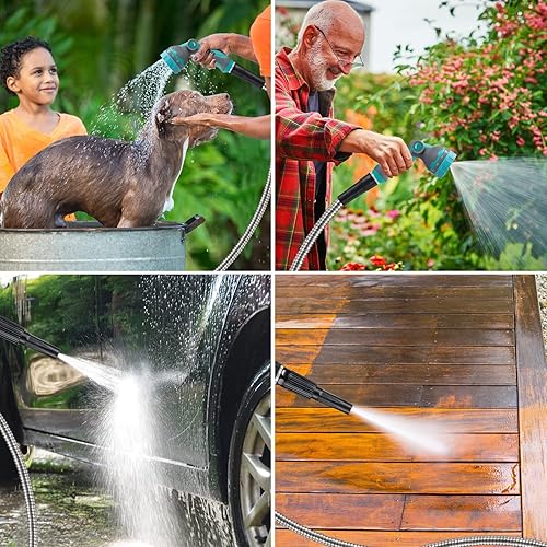 Miniatura 6 de Manguera de jardín de metal de 50 pies, manguera de agua resistente de acero inoxidable con boquilla de 10 funciones, flexible, sin torceduras, a
