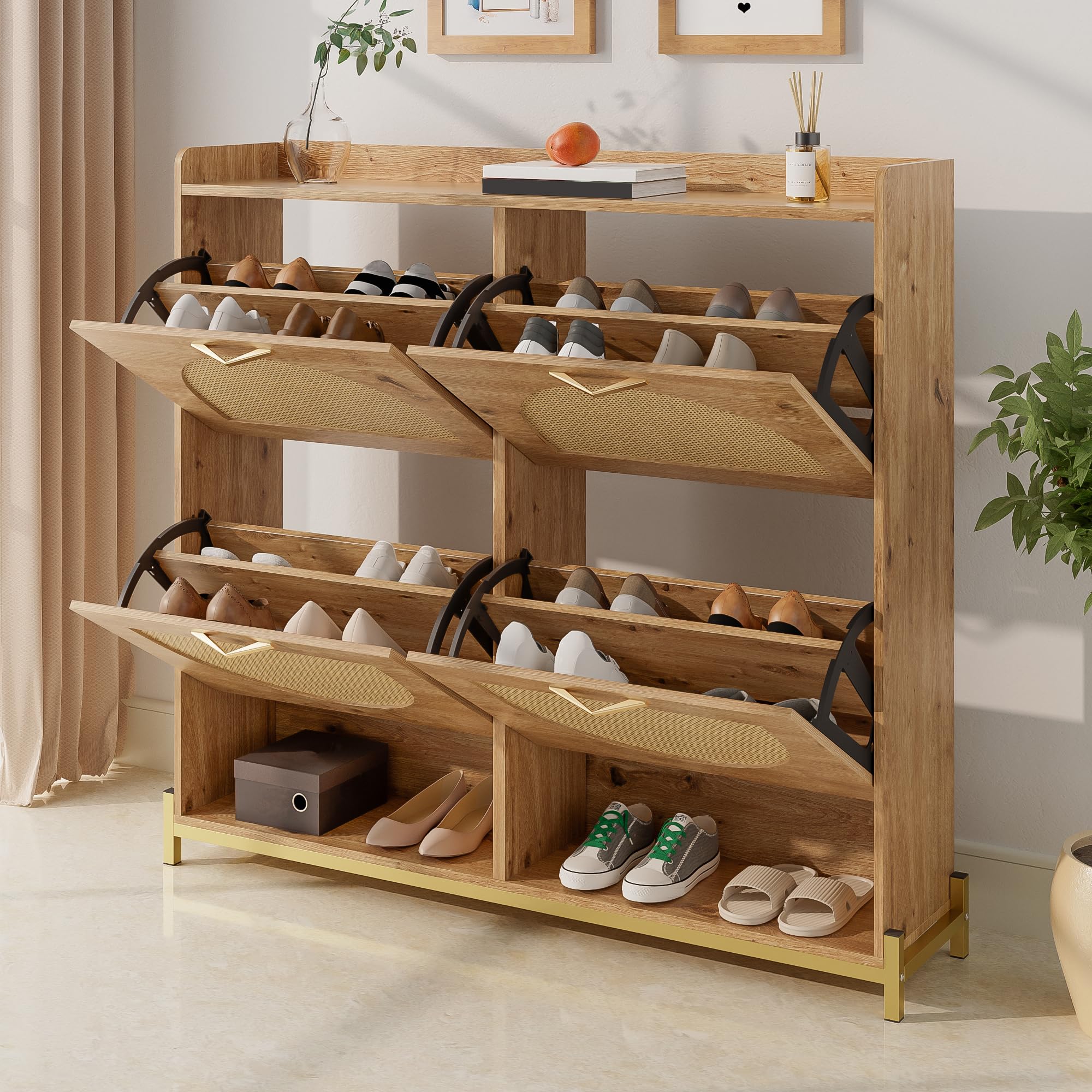 BTM Moderner Schuhschrank mit Rattantüren Schuh Schrank aus Holzl Schuhkipper, Metallrahmen, Sideboard Flurmöbel