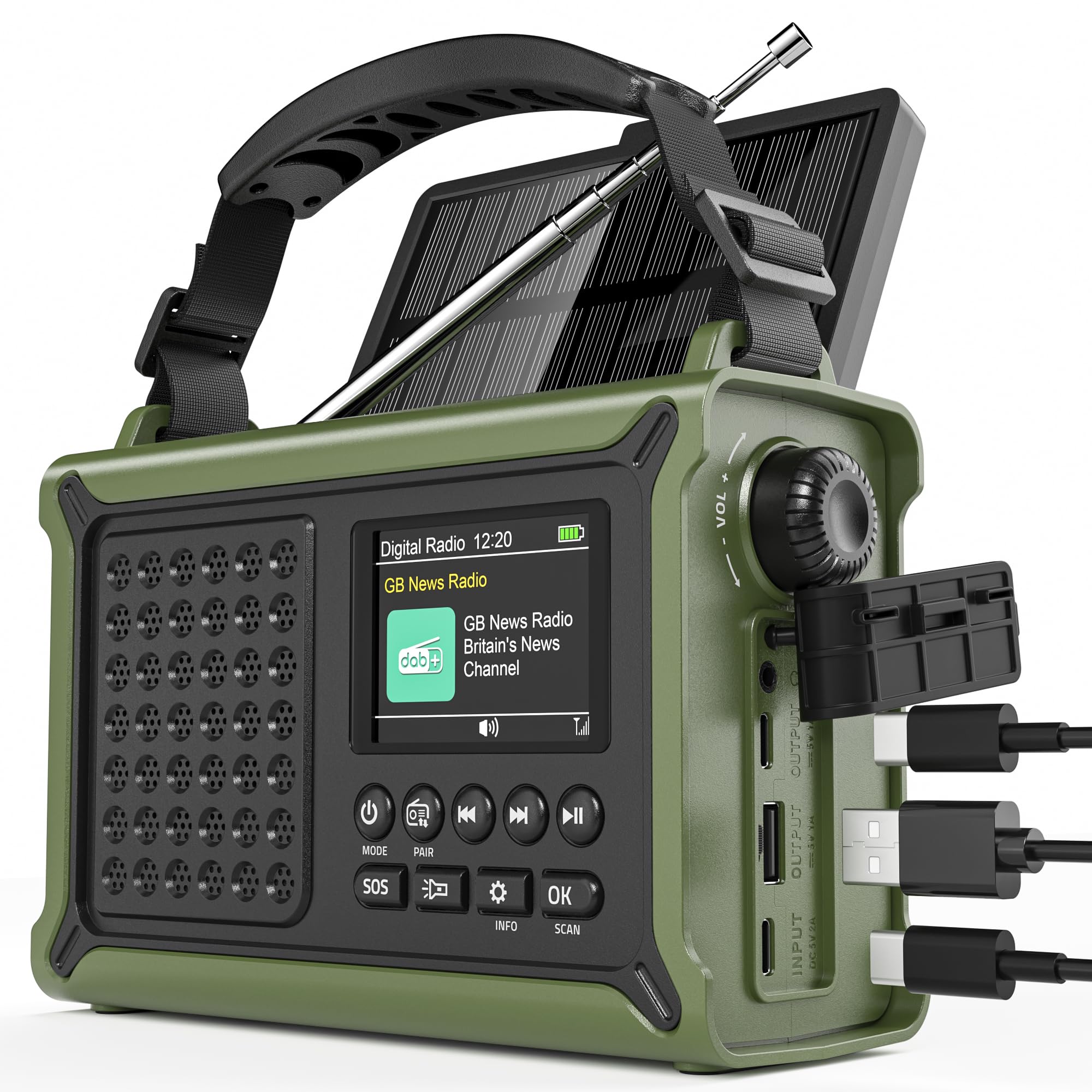 Roxicosly DAB+/DAB/FM Solar Wind Up Radio with 12000mAh Rechargeable Battery, Bluetooth5.0, 2.4' Large Colour Display, Dual USB Chargers, 5W Torch,120db SOS, Dual Alarms for Survival Outdoor Army Green DAB/FM