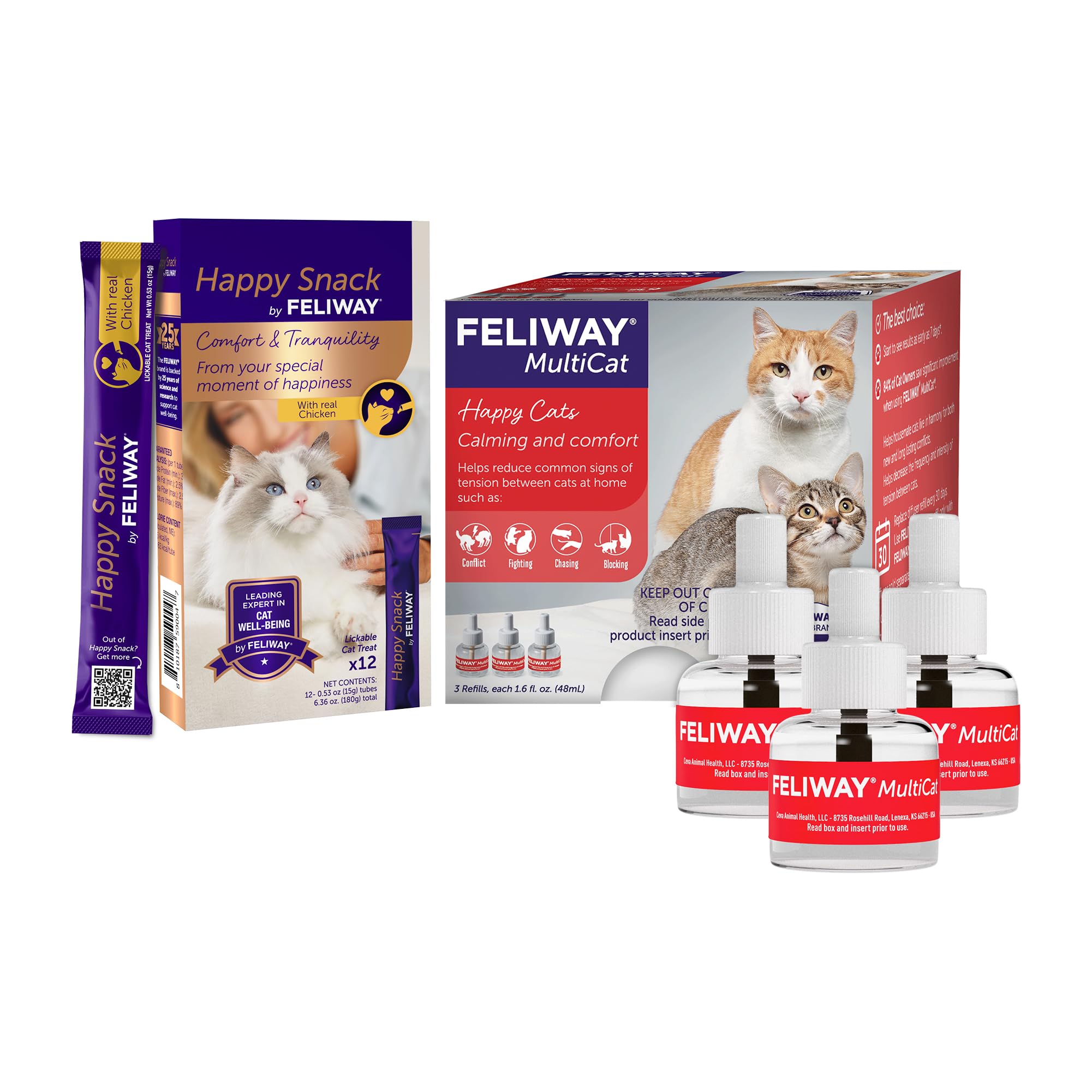 FELIWAY MultiCat 3 x 30 Day Cat Calming Refills for Pheromone Diffuser & Happy Snack Delicious Calming cat Treats (12-ct Chicken Flavor)