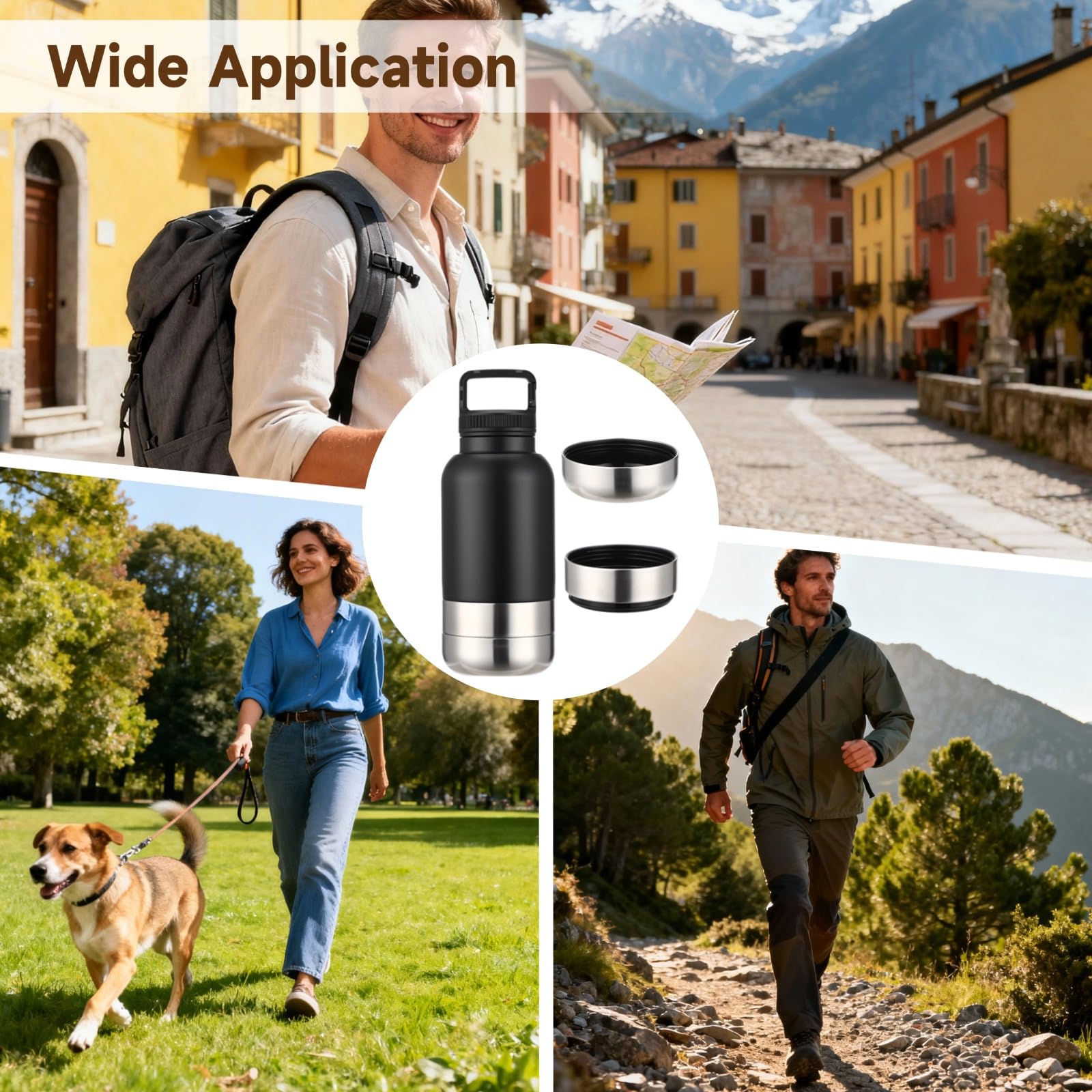 Borraccia termica per cani, 3 in 1, 1000 ml, in acciaio inox, con 2 ciotole staccabili, ciotola portatile per acqua e cibo, per passeggiate ed escursioni all'aperto