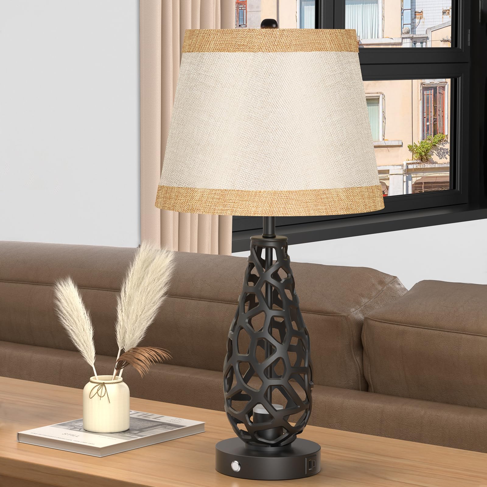 Bird&FishTouch Control Table Lamp Bedside Lamp Bedroom Lamps 3 Color Dimmable Nightstand Lamp Night Lamp Desk Lamp for Living Room with USB-A and USB-C Charging Ports (Black-1)