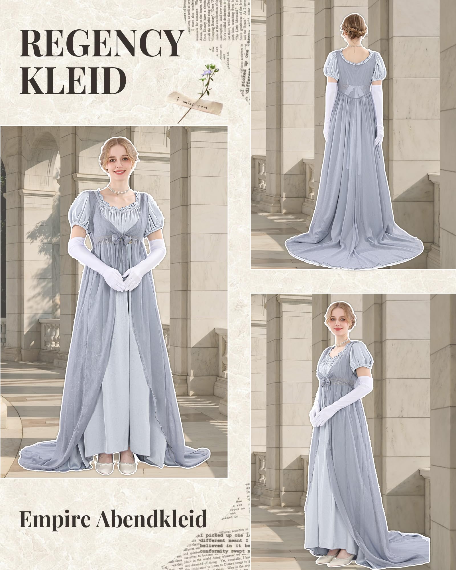 Regency Robe de soirée victorienne pour femme - Robe de soirée longue avec couvre-lit, ceinture et gants - Costume pour bal, carnaval, Halloween