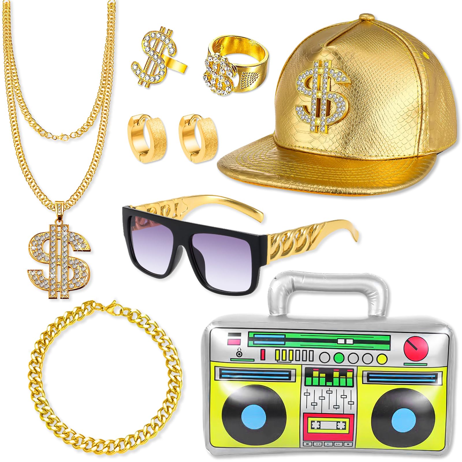 Exojoy8Pcs Hip Hop Costume kit, 80s/90s Rapper Fancy Dress Accessories with Inflatable Boom Box Gold Baseball Cap Dollar Sign Necklace Rings Bracelets Glasses for Women Men Carnival Disco Party