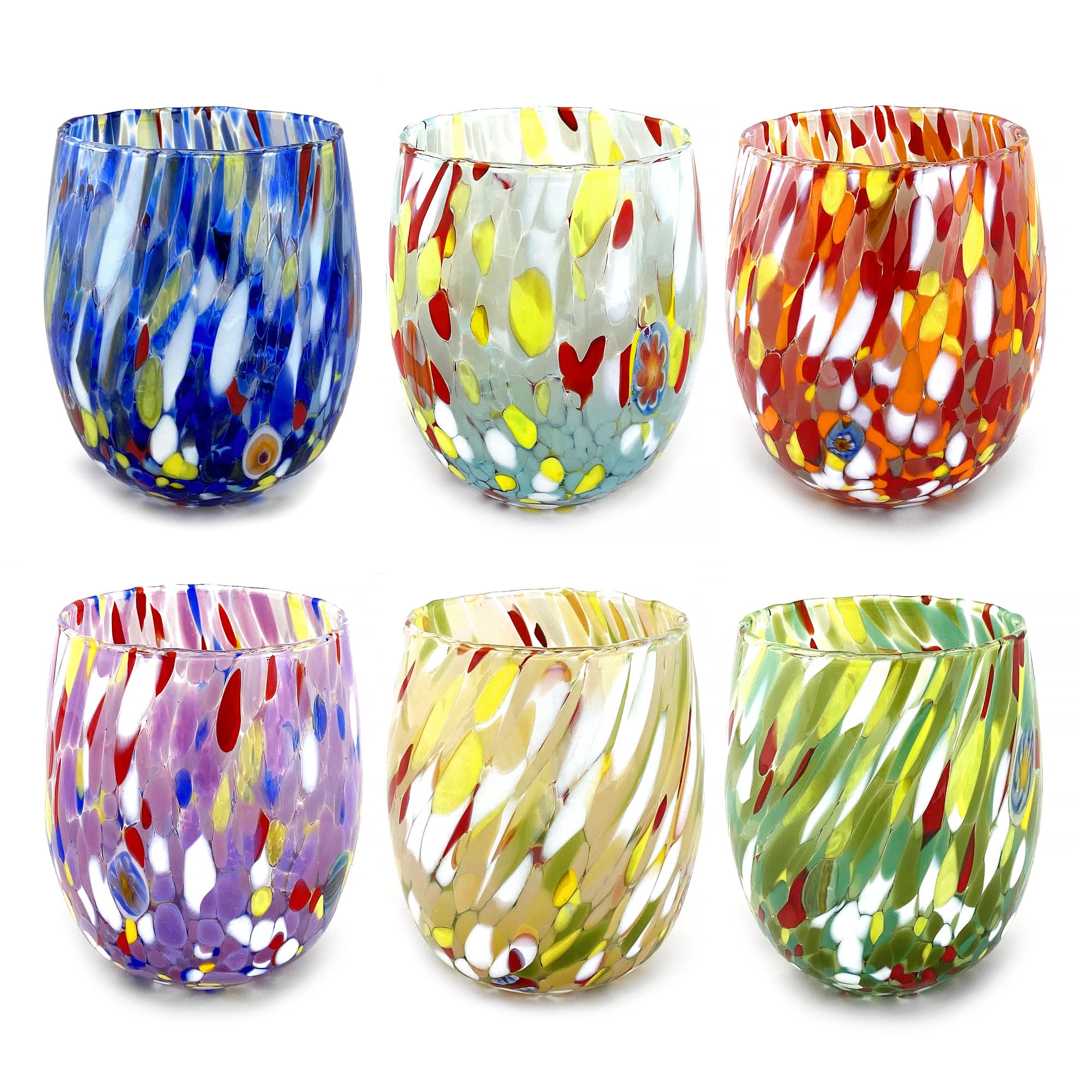 MAZZEGA ART & DESIGN – 6 Bicchieri Acqua Big Colombina in Vetro Soffiati e Lavorati a Mano con Murrine di Murano, linea “I Colori di Murano” 435 ml. Made in Italy (MIX GIFT BOX, 6)