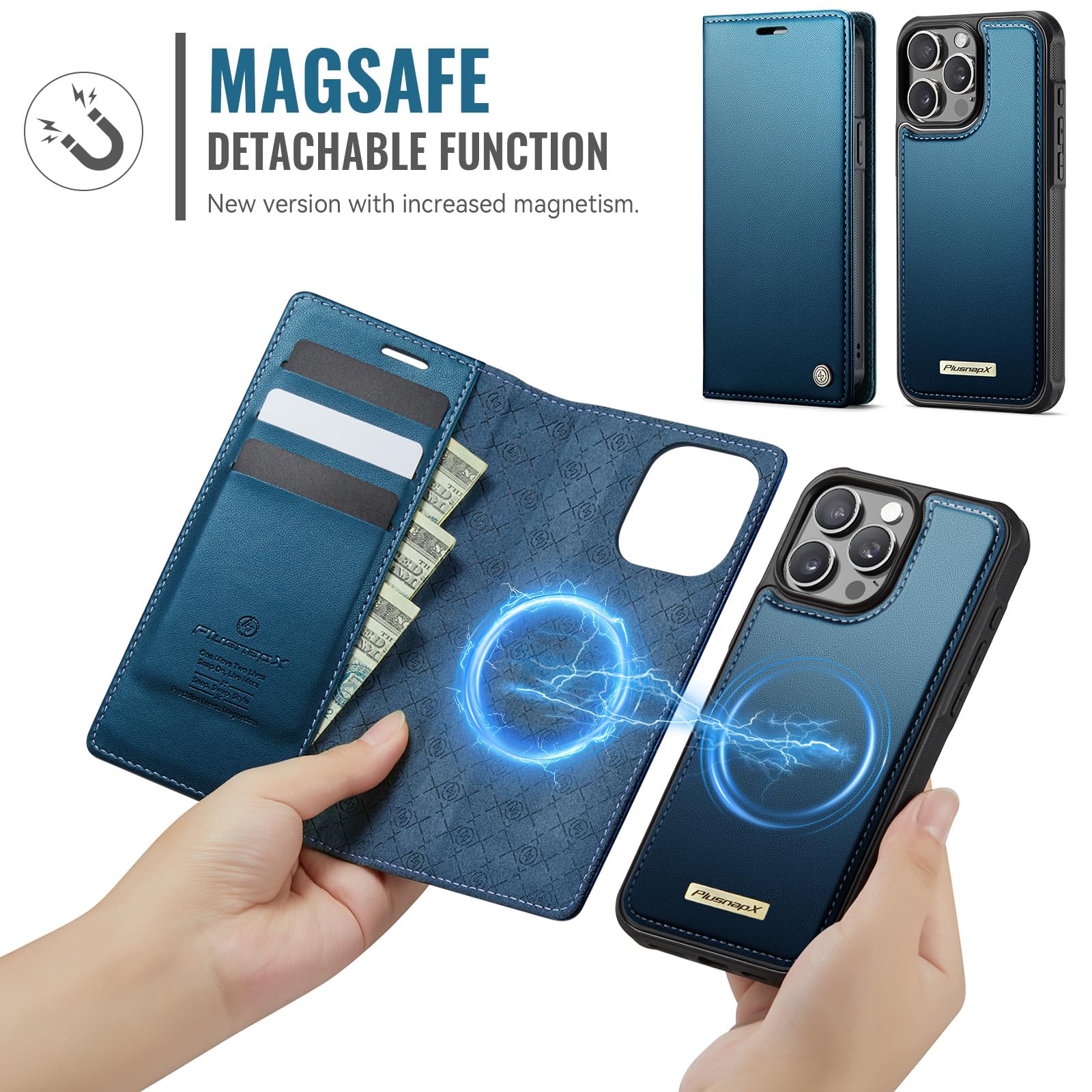 Custodia a portafoglio staccabile per iPhone 13 Pro 2 in 1, blu | Compatibile con Magsafe, magnetico, porta carte di credito con blocco RFID, antiurto, cavalletto, ricarica wireless