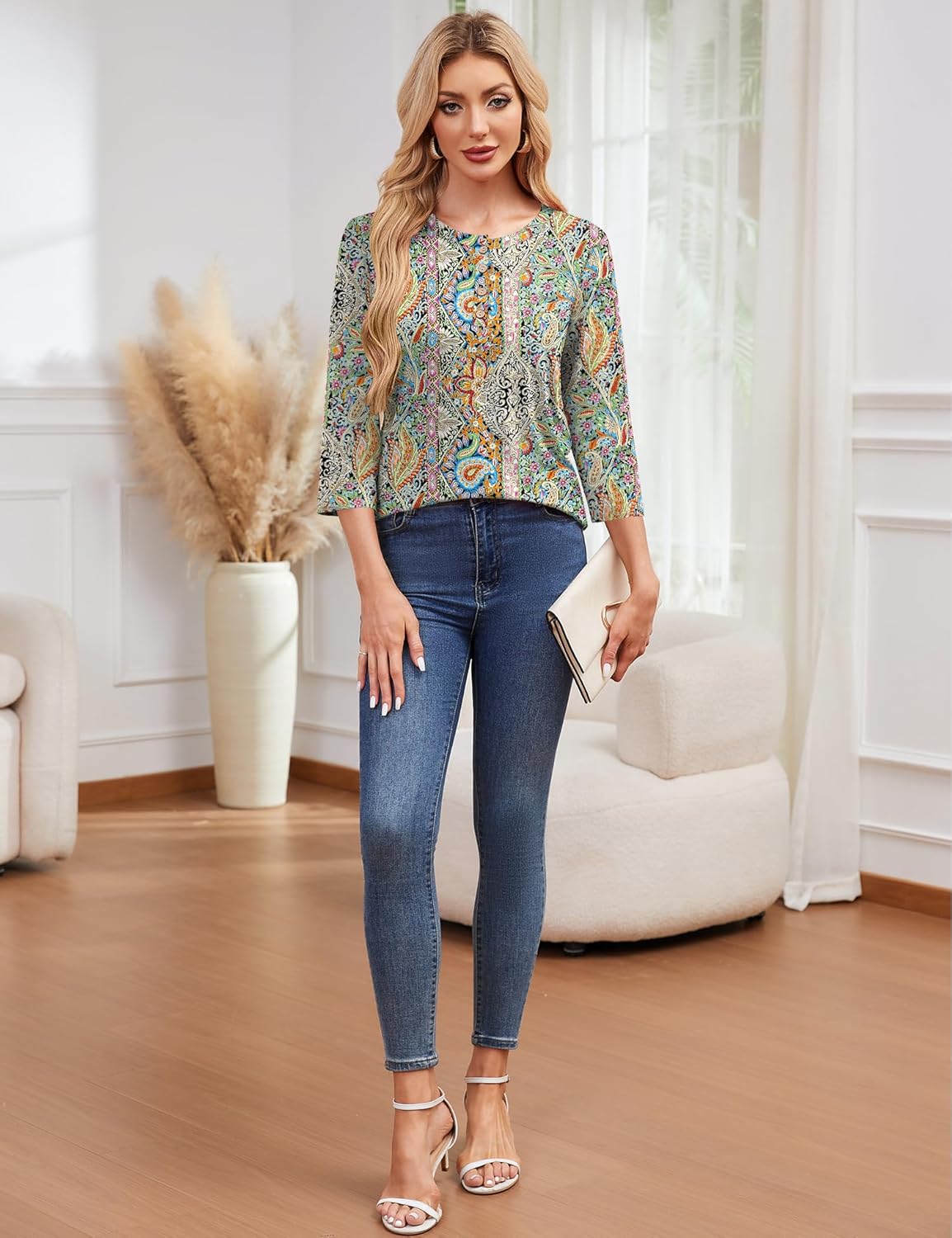 LOMON 3/4 Length Sleeve Womens Tops Dressy Casual Crewneck Pullover Tunics Summer Cute Blouses Fashion 2025 Tees Shirts - Image 6