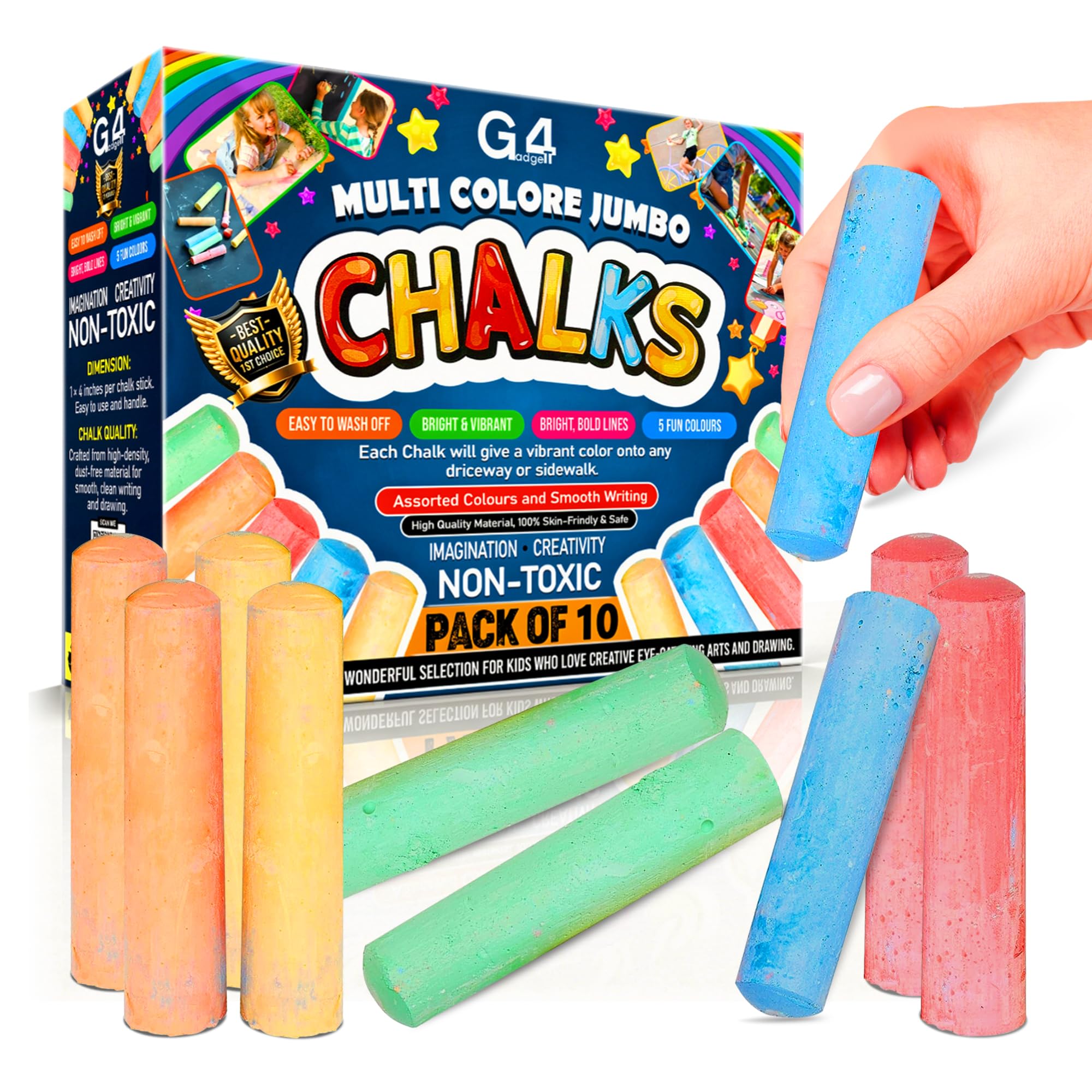 G4GADGET 10 Jumbo Chalks for Kids – Giant Chunky Outdoor Pavement Chalk – Washable Colourful Playground Sidewalk Chalks – Garden Summer Toys for Children Aged 3+