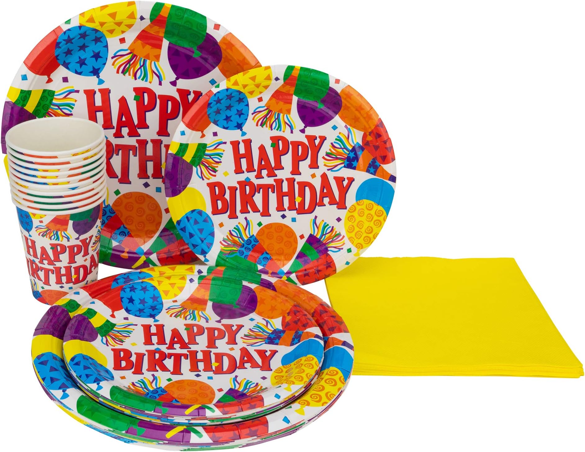 Perfect Settings Happy Birthday Party Supplies Disposable Tableware Party Set – Happy Birthday Balloons Bundle of 12 Birthday 9” Plates 7” Cake Plates 9oz Cups and Yellow Napkins