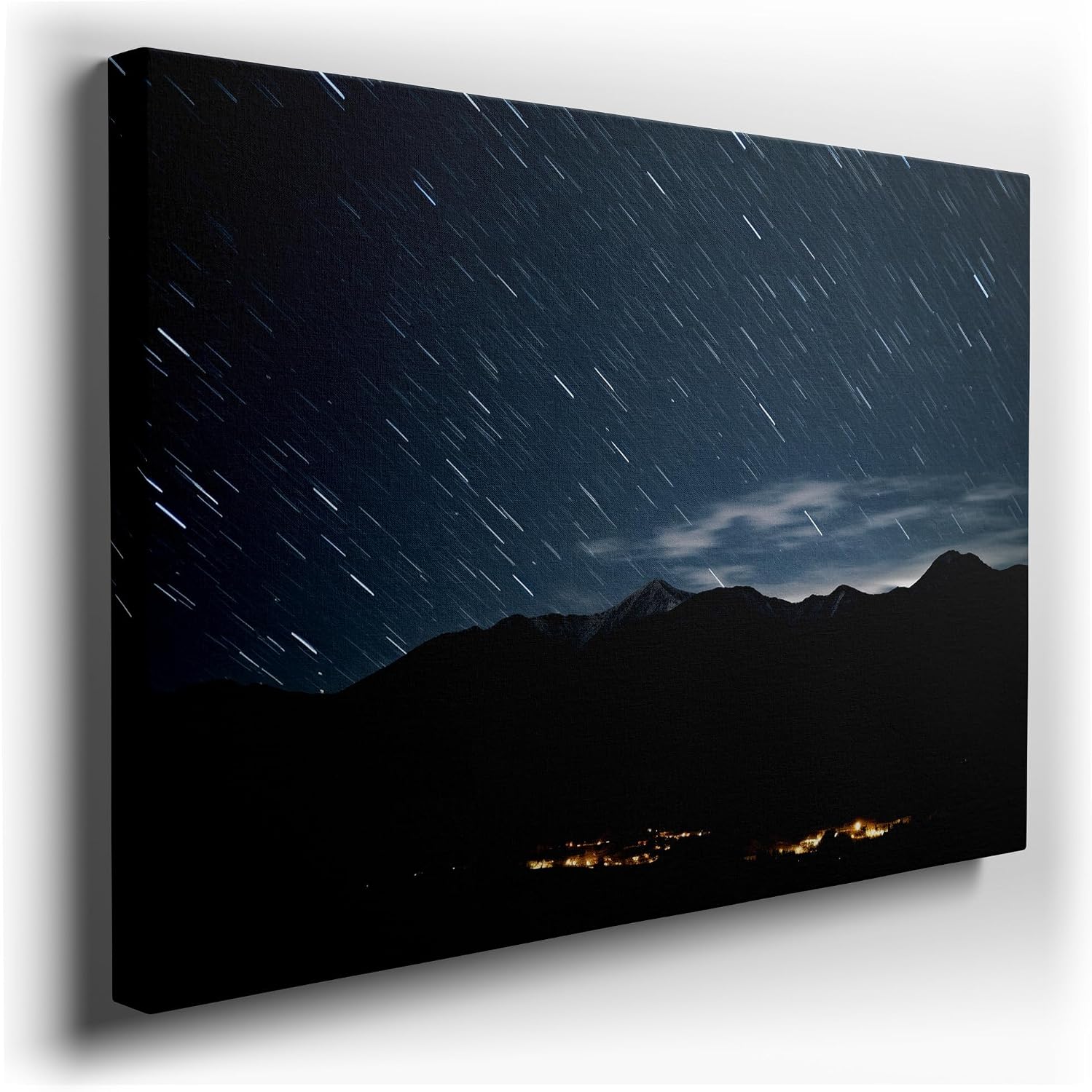 Canvas for Living room. Starry Skies and Twinkling Lights: A Village's Nocturnal Symphony Against the Mountain's Silhouette, 27 x 18 inch Canvas Wall Art - Surrealistic Visions - Modern Home Decor