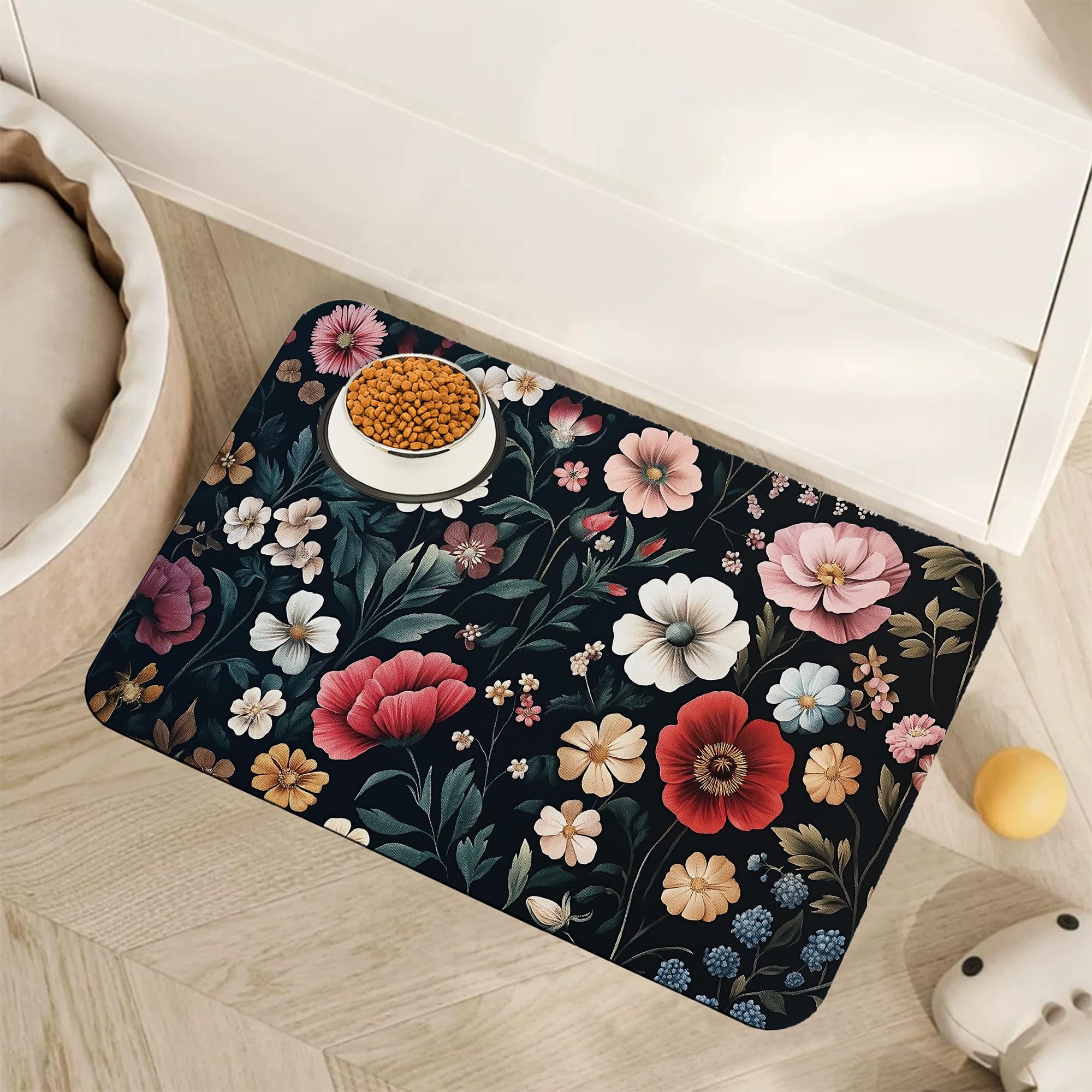 Tapis de nourriture floral bohème pour chien et chat, motif floral vintage, tapis d'alimentation absorbant pour animaux de compagnie avec envers en caoutchouc, set de table antidérapant, accessoires