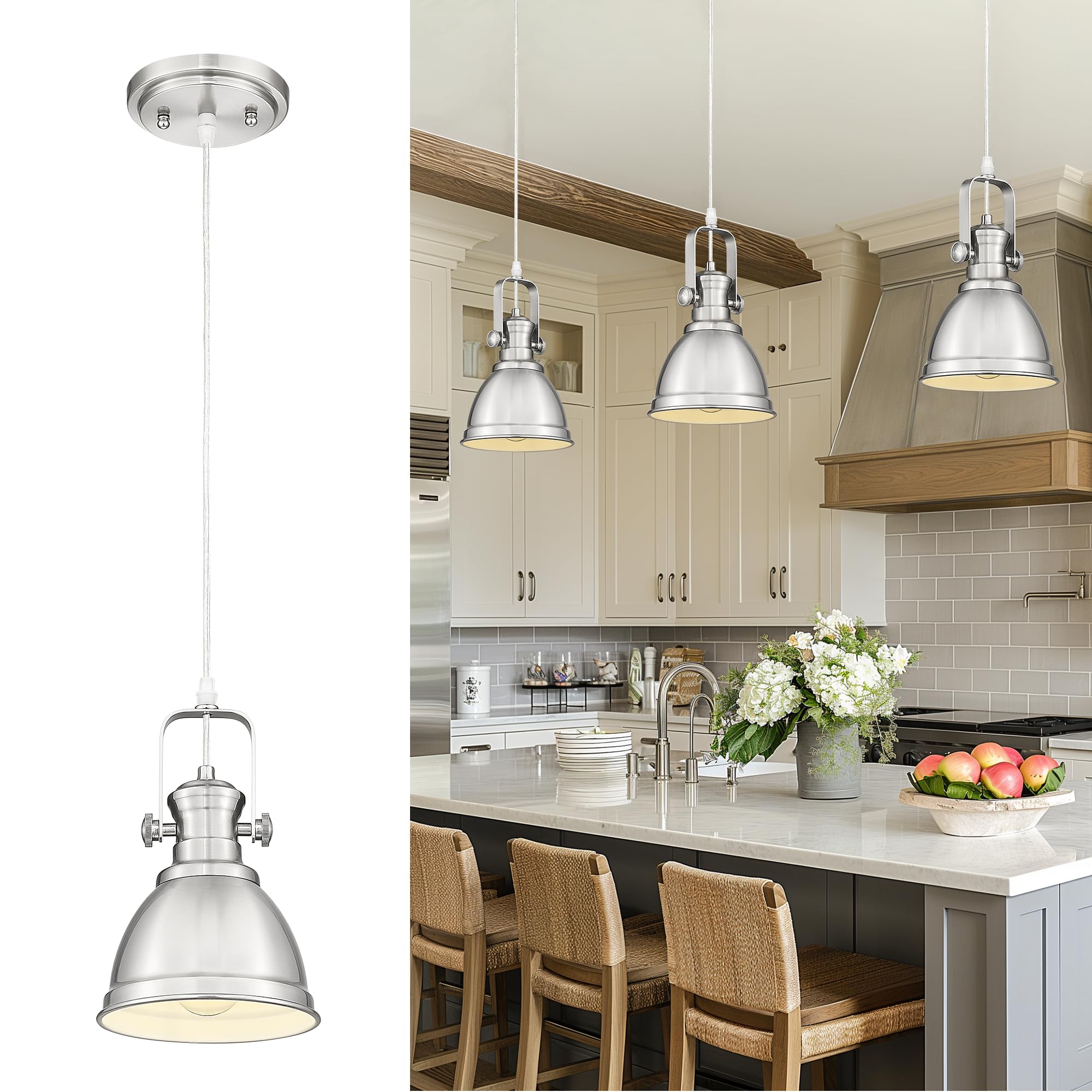 Pendant Lights Kitchen Island, Farmhouse Hanging Lights Fixtures with Metal Shade, Rustic Kitchen Pendant Lighting Over Island for Dining Room, Brushed Nickel, AD-2151-1P-SN