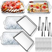 Baderke 4 Set 9" Chilled Serving Tray for Parties with Compartments Ice Chilled Party Platter Charcuterie Serving Board Cold Dish Dip with Forks Tongs for Fruit Seafood Vegetable Appetizer (Silver)
