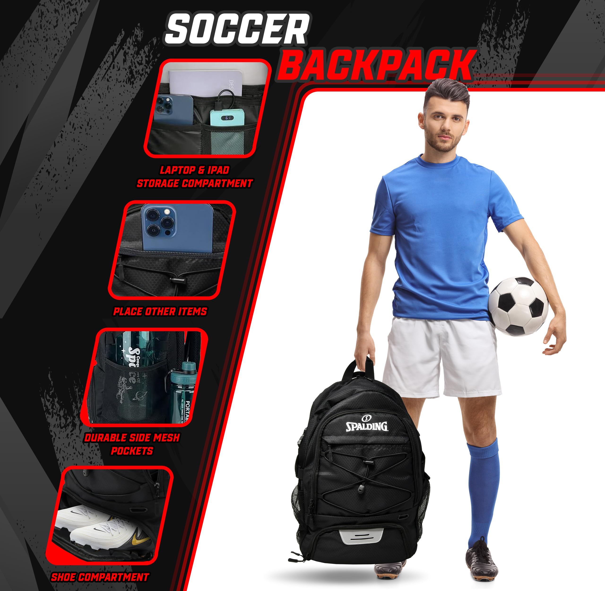 Spalding Fußball-Rucksack, Sporttasche, Fußballtasche mit Ball- und Schuhfach, Verwendung für Tracktaschen, Basketball, Sportball